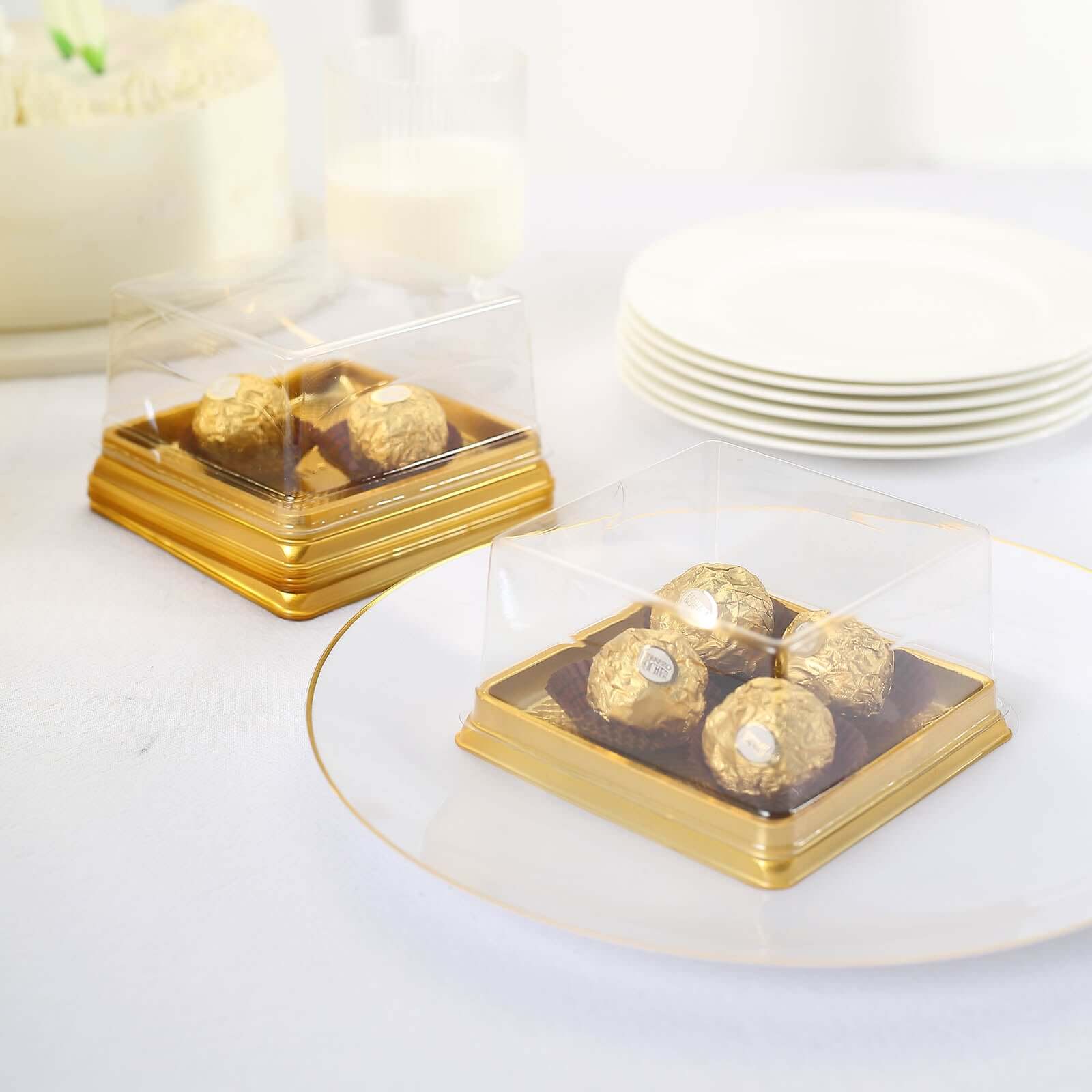 50 Pack Clear Gold Square Mini Plastic Cupcake Party Favor Boxes, Muffin Dessert Containers - 4x4x2.5