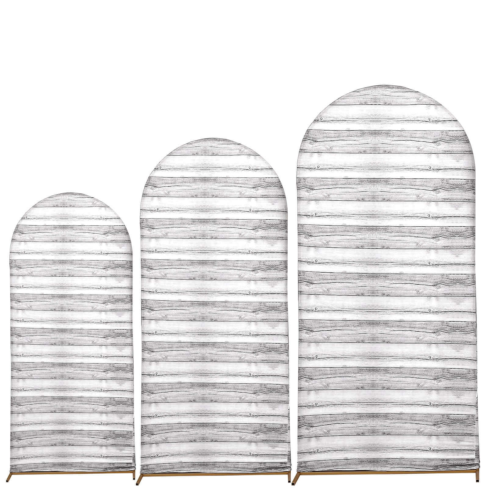 Set of 3 White Rustic Wood Plank Pattern Spandex Fitted Chiara Backdrop Stand Cover For Round Top Wedding Arch - 5ft, 6ft, 7ft