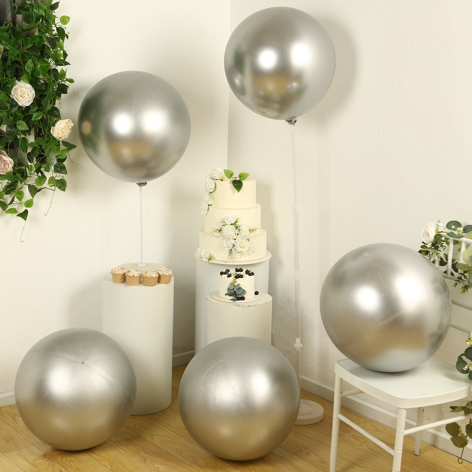 5 Pack Metallic Chrome Silver Biodegradable Balloons, 36 Large Round Eco-friendly Thickened Latex Party Balloons