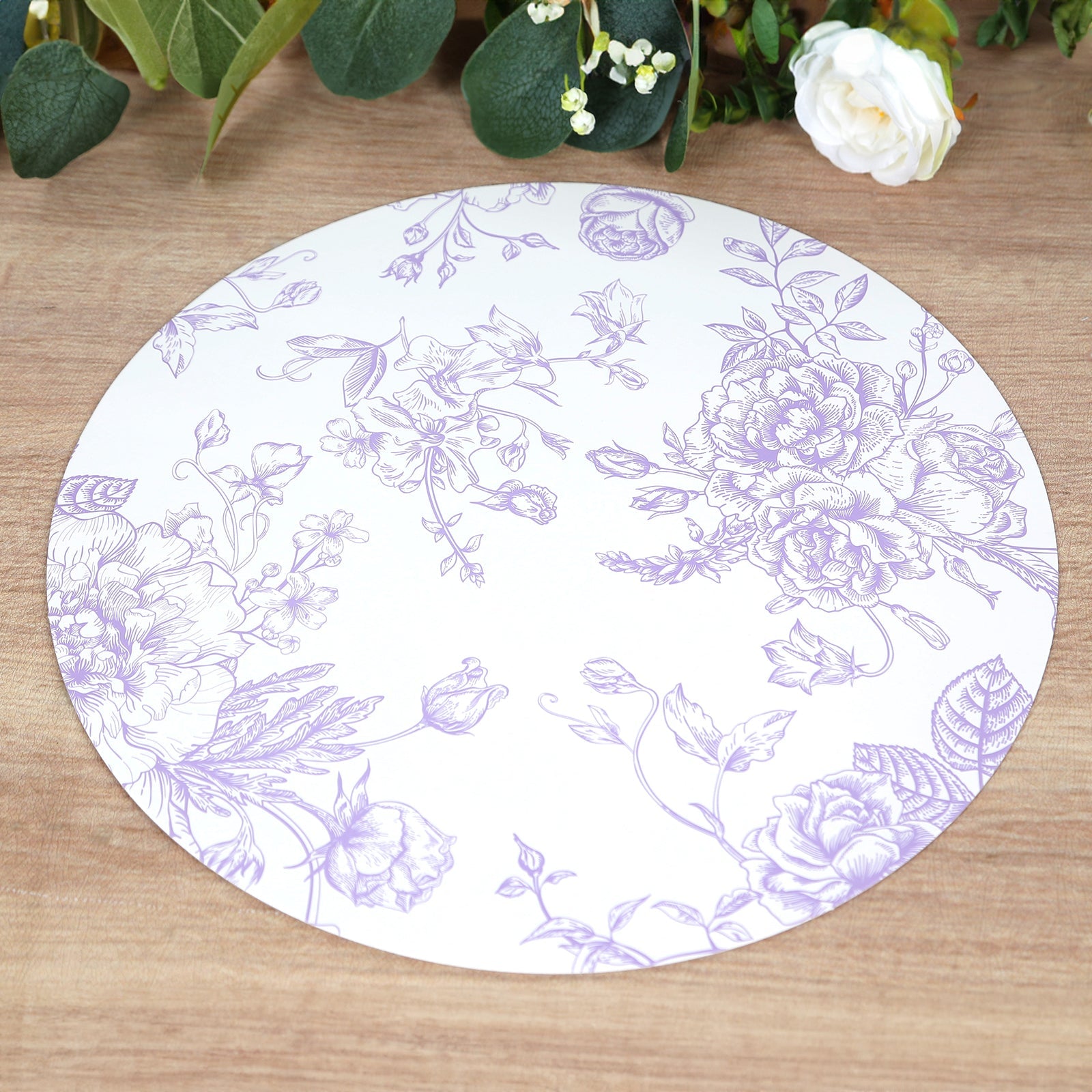 10-Pack Disposable Table Placemats in French Toile Print 13 in White/Matte Lavender - Chic Floral Cardboard Placemats for Stylish Table Setting