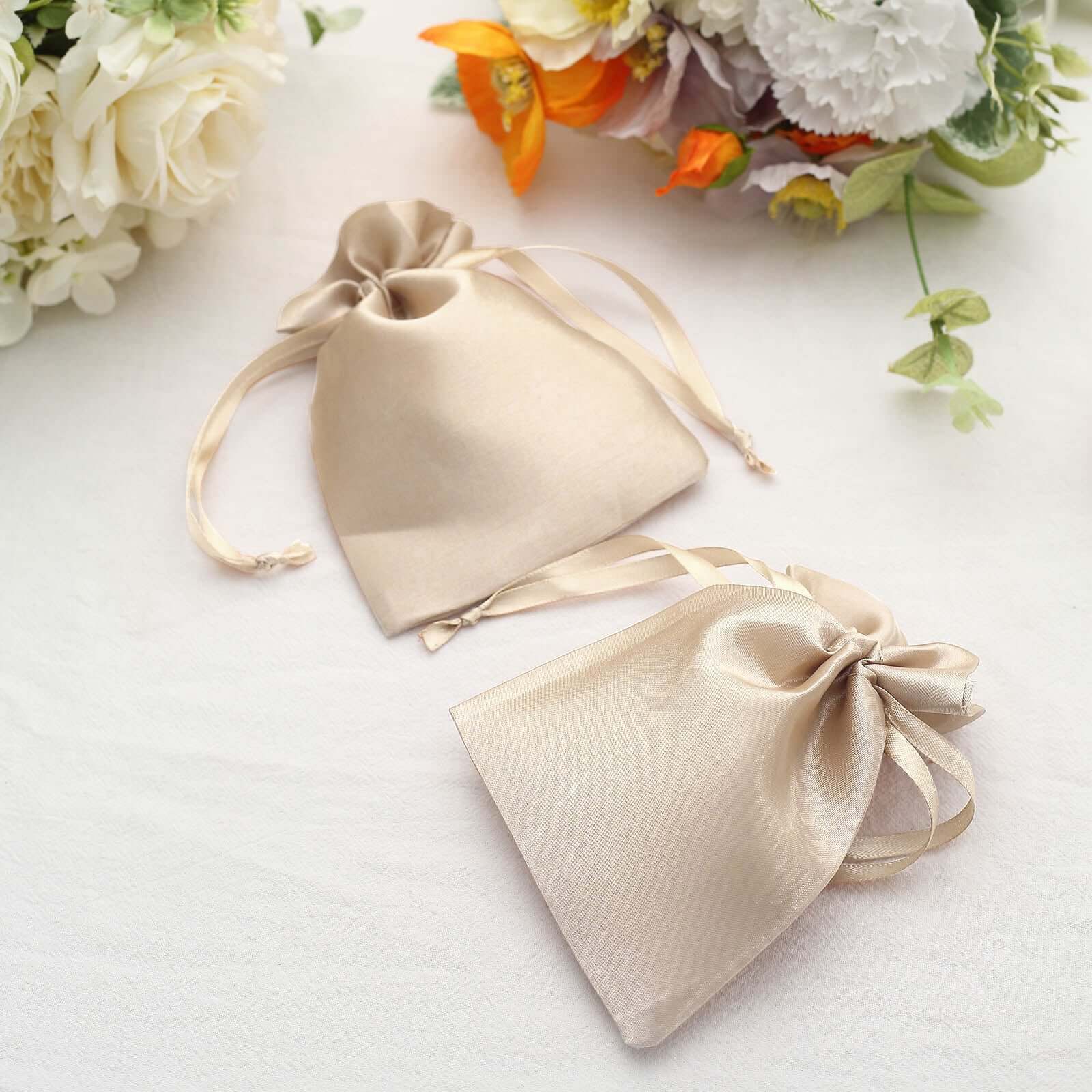 12 Pack 4x6 Beige Satin Drawstring Wedding Party Favor Gift Bags