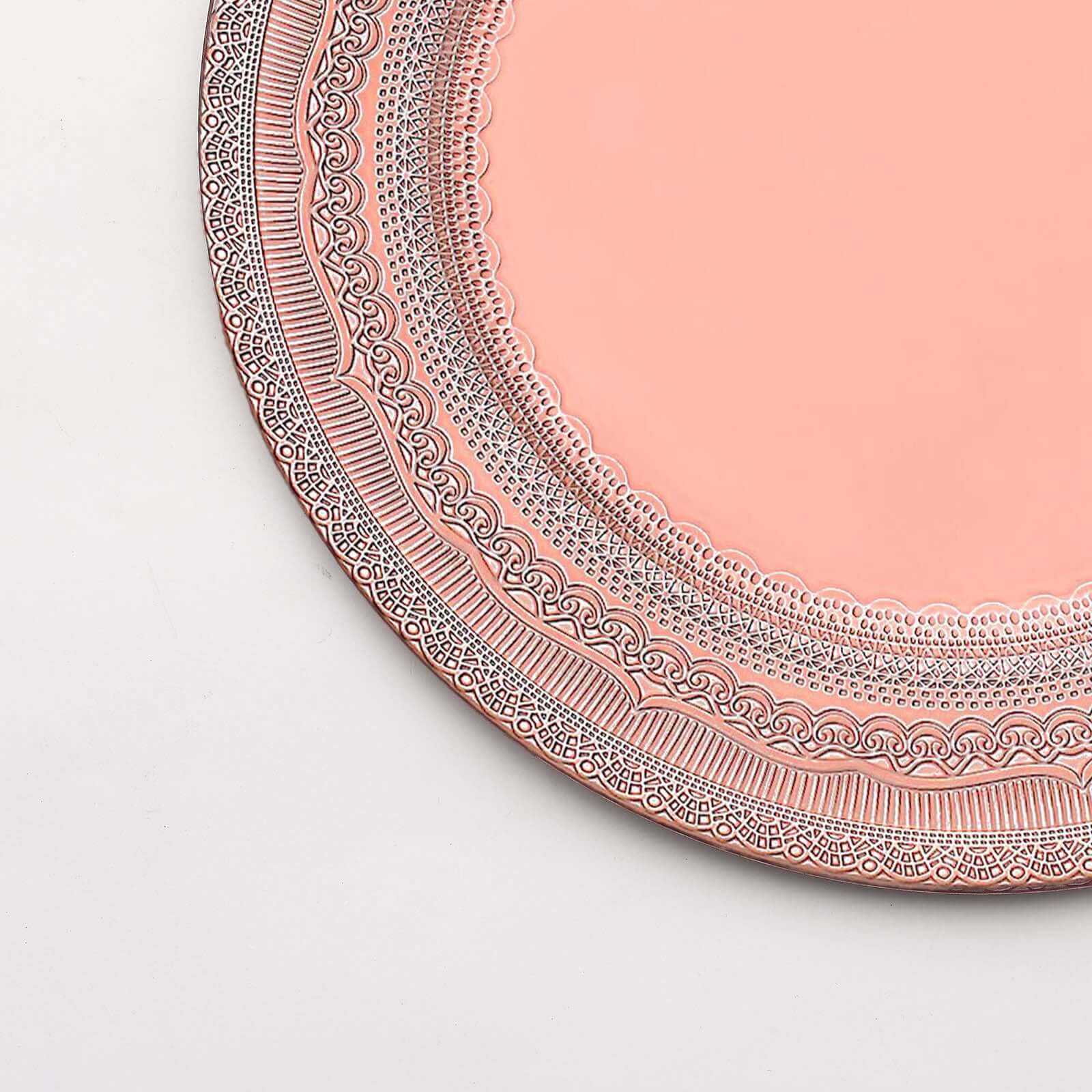 6-Pack Acrylic Round Charger Plates 13 in Rose Gold with Lace Embossed Rim, Rustic Plastic Decorative Charger Tableware