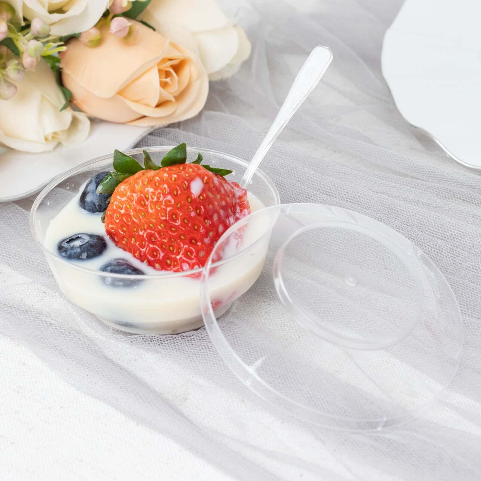 24-Pack Plastic Mini Party Bowl Set Clear with Lid and Spoon - Ideal for Desserts 3.5oz