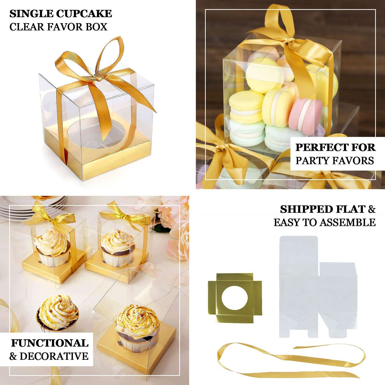 12 Pack 3.5 Clear Metallic Gold Disposable Cupcake Boxes With Ribbon Tie, Plastic Wedding Favor Boxes