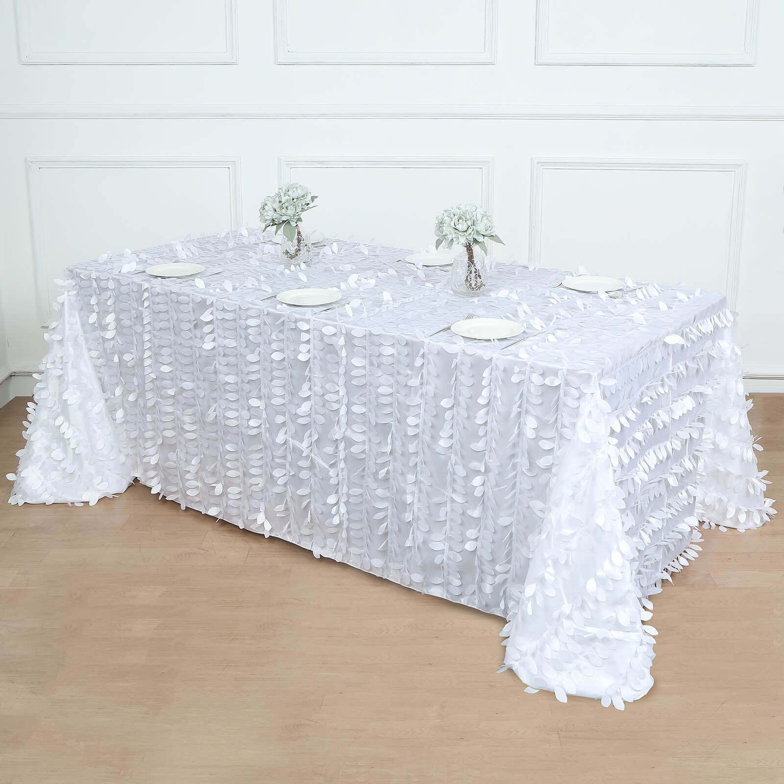 Taffeta 90x156 Rectangle Tablecloth White | 3D Leaf Petal Design Seamless Table Cover for Stylish Wedding & Event Decor