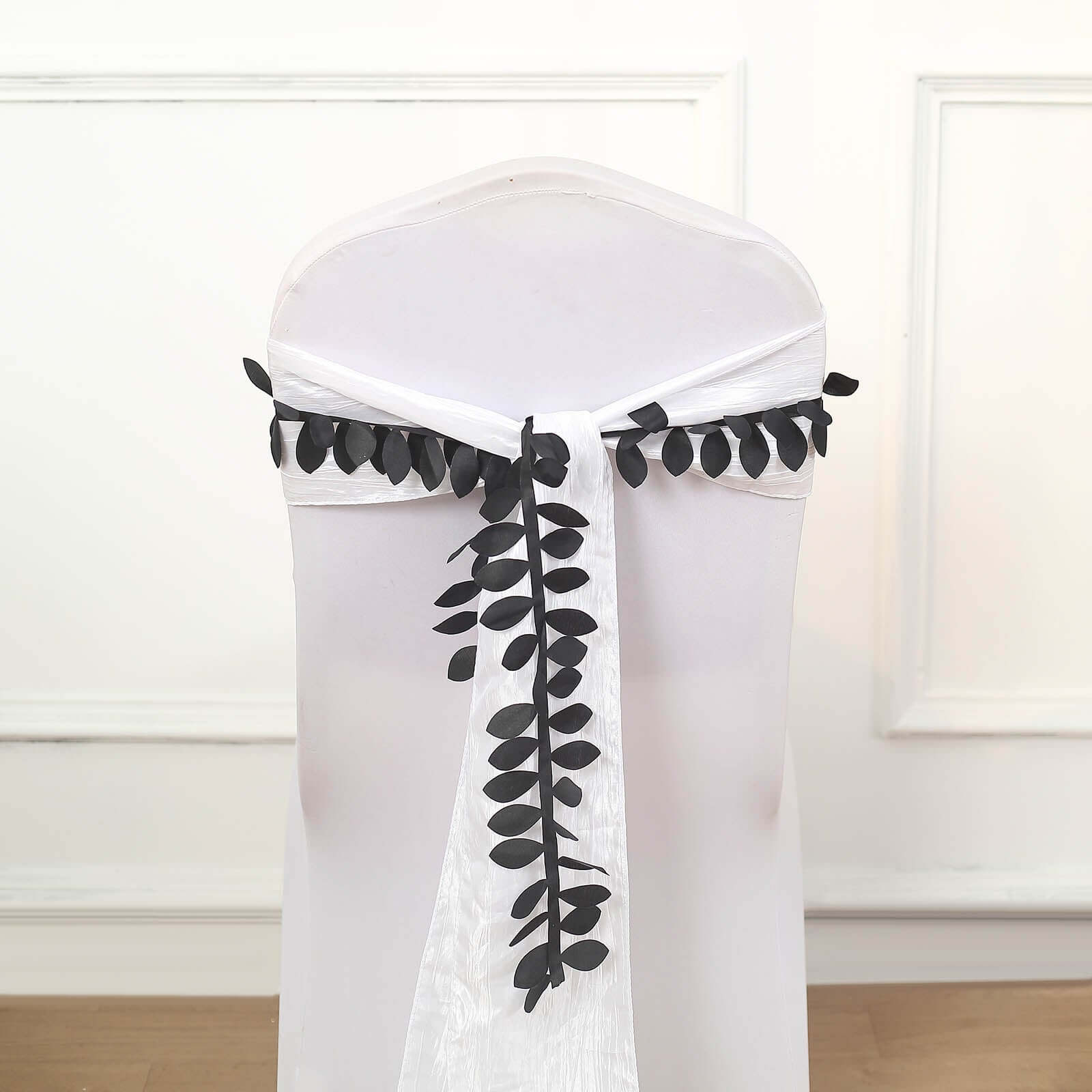 Taffeta Ribbon Sash with 4 Leaf Petal Design Black 50ft - Sophisticated Artificial Fabric Garland for Events