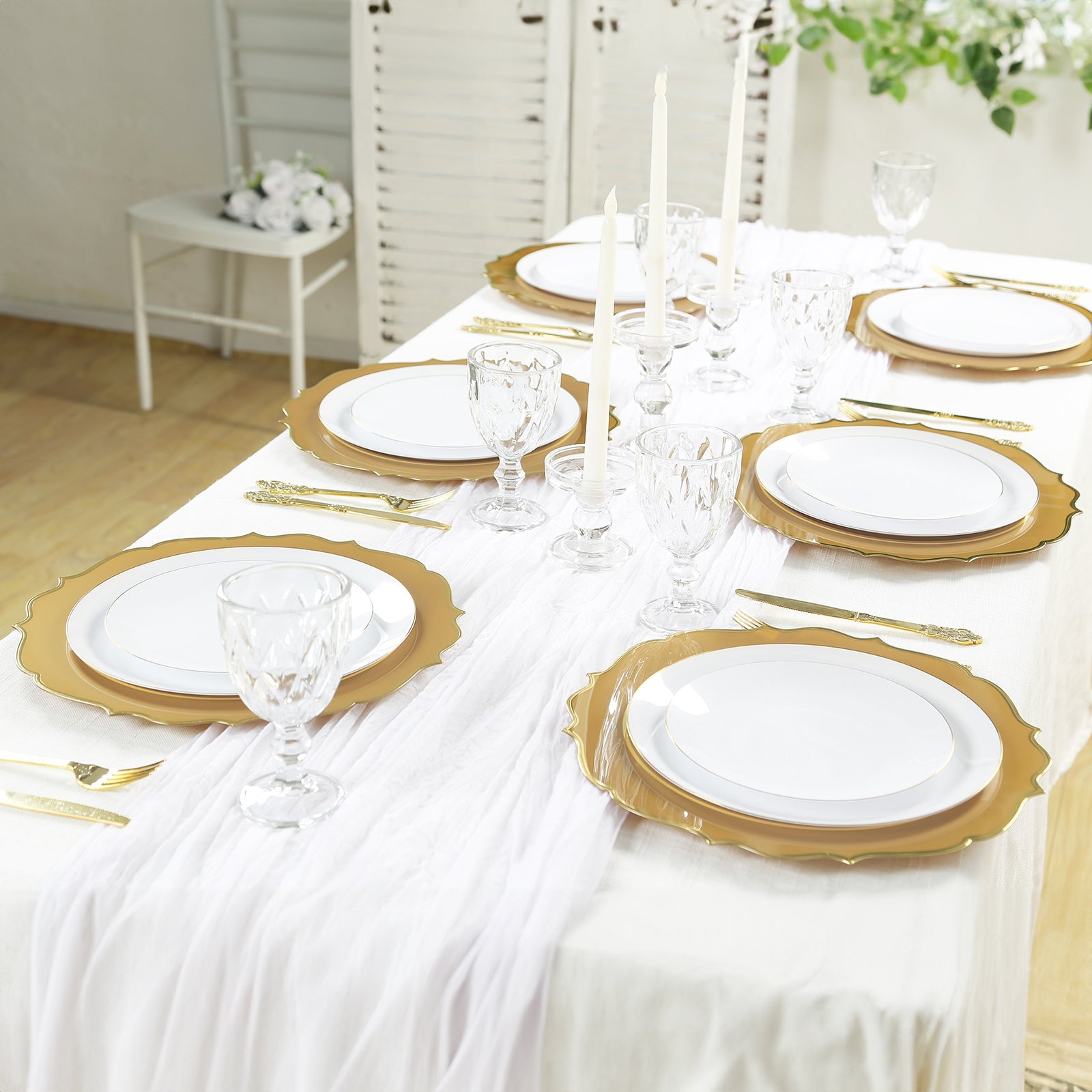 10-Pack Economy Plastic Round Charger Plates 13 in Gold with Scalloped Rim, Decorative Dinner Party Serving Plates