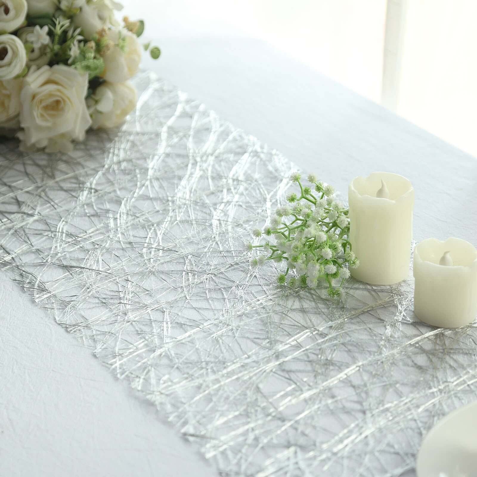 Polyester 12x108 Table Runner Metallic Silver Disposable Non-Woven Fiber Roll - Stylish & Chic Table Decor