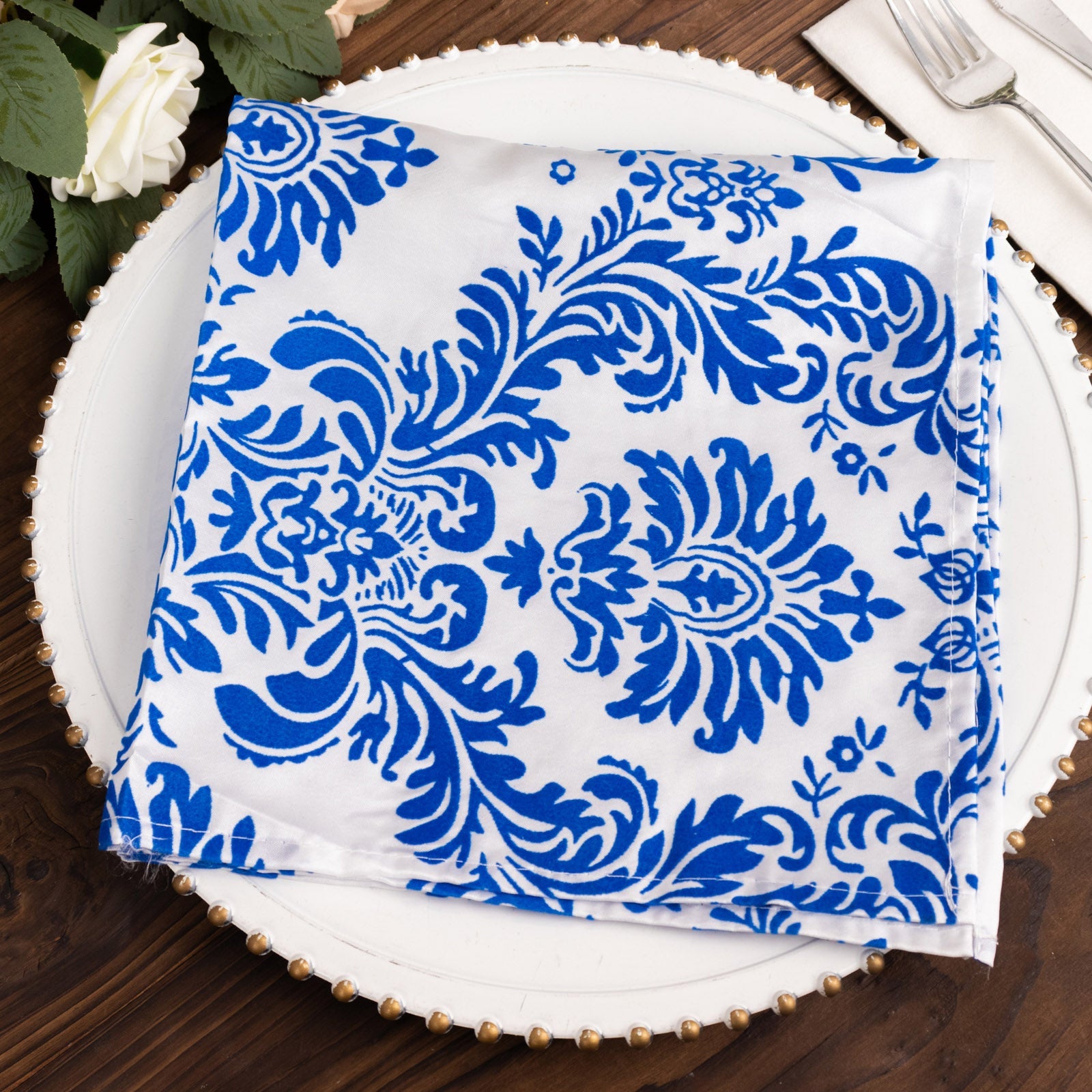 5 Pack Royal Blue White Damask Flocking Taffeta Napkins, Decorative Cloth Napkins for Weddings and Events - 20x20