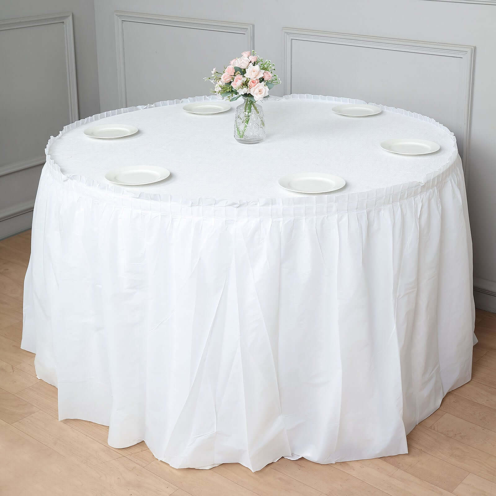 Plastic Table Skirt White Ruffled - Durable Disposable Skirt for Events 14ft