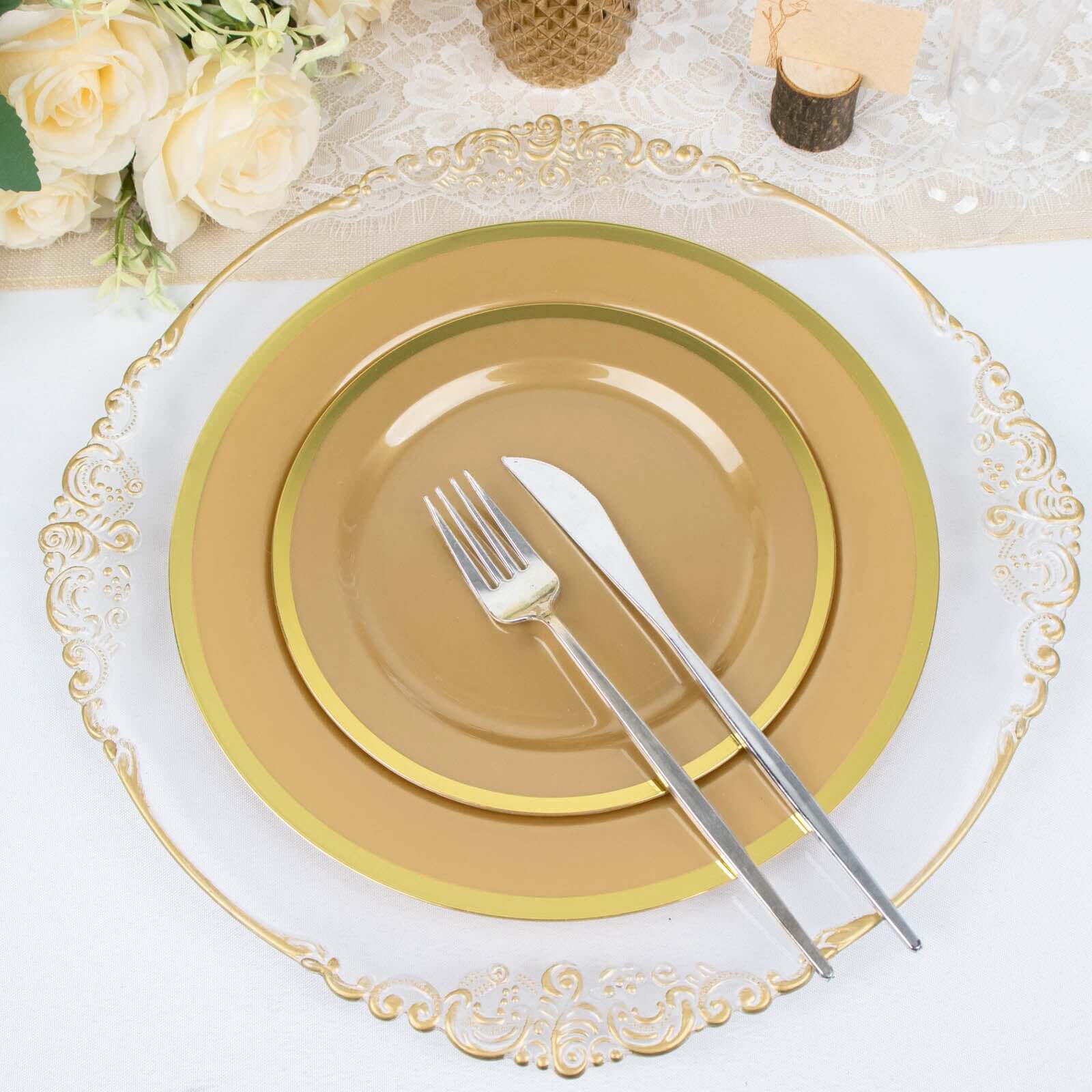 10-Pack Plastic 10 Round Dinner Plates in Gold with Gold Rim - Disposable Party Plates for Classy Banquets & Special Occasions