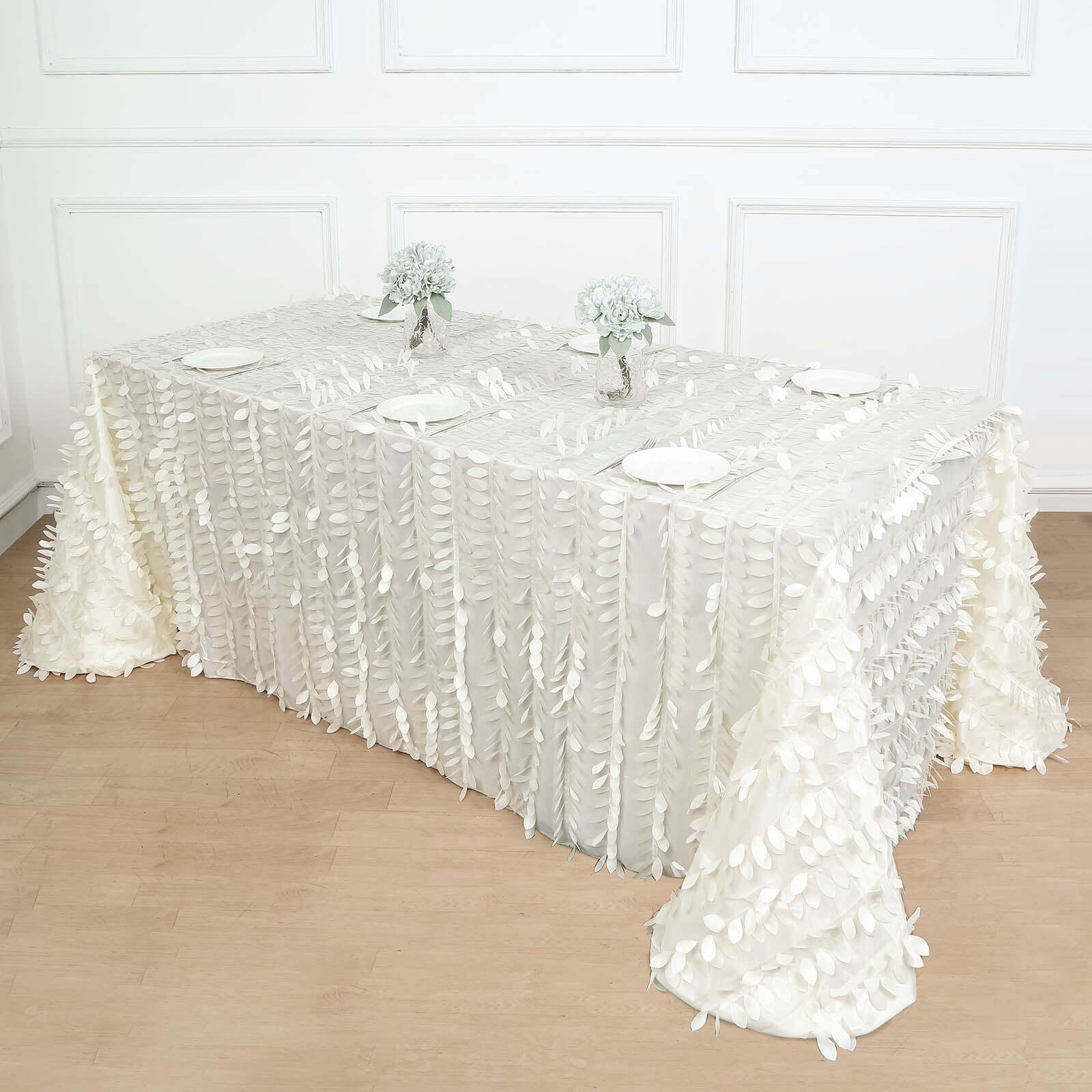Taffeta 90x156 Rectangle Tablecloth Ivory | 3D Leaf Petal Design Seamless Table Cover