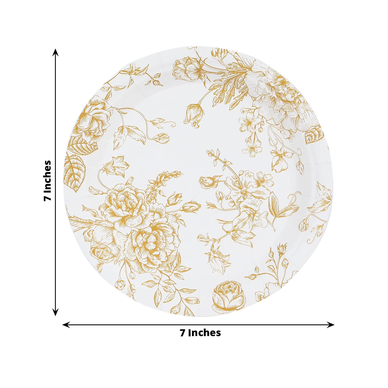 25-Pack Paper 7 Round Dessert Plates in White with Gold French Toile Pattern - Disposable Floral Salad Appetizer Plates for Chic Event Decor