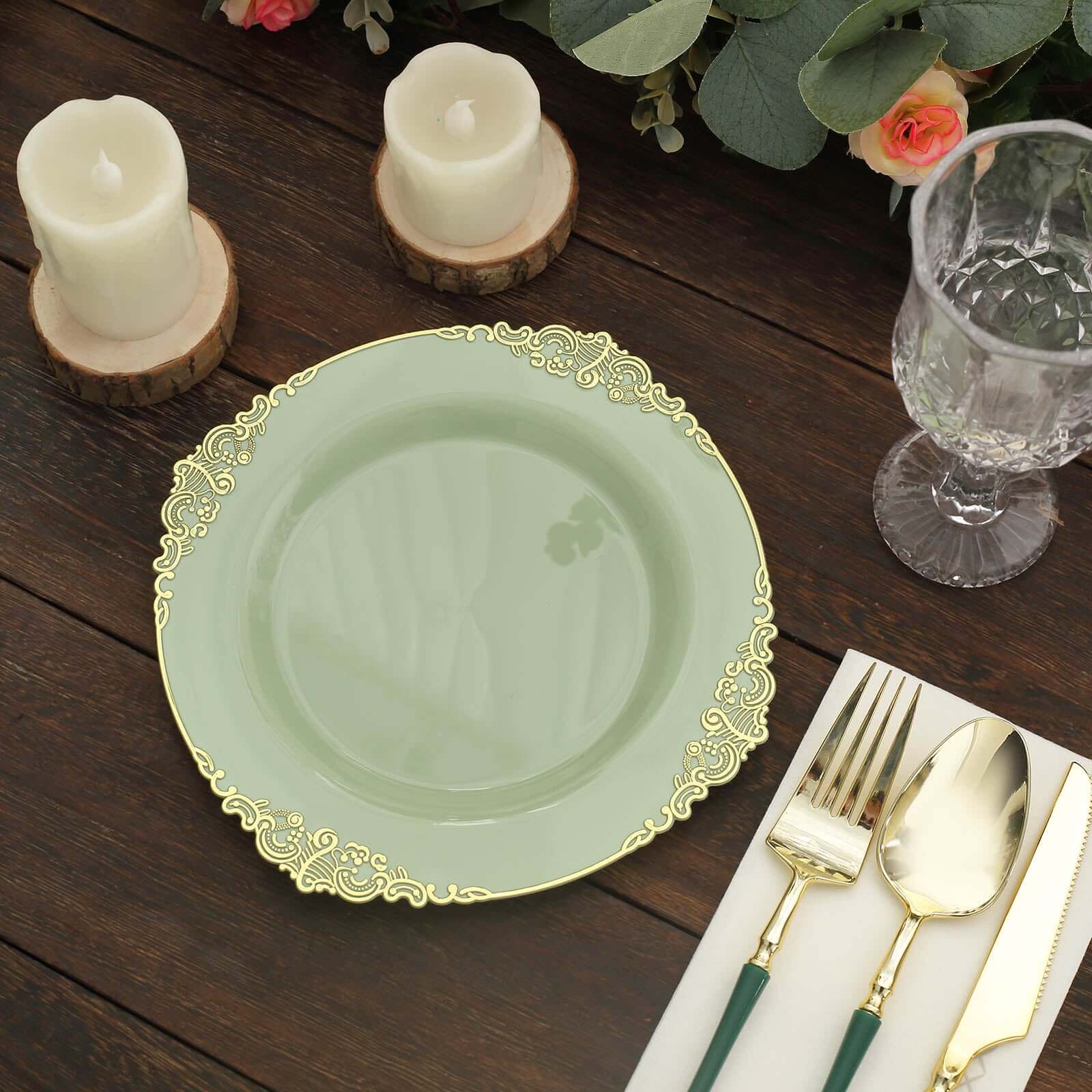 10-Pack Plastic 8 Round Dessert Plates in Sage Green with Gold Leaf Embossed Rim - Disposable Vintage Baroque Style Salad Plates