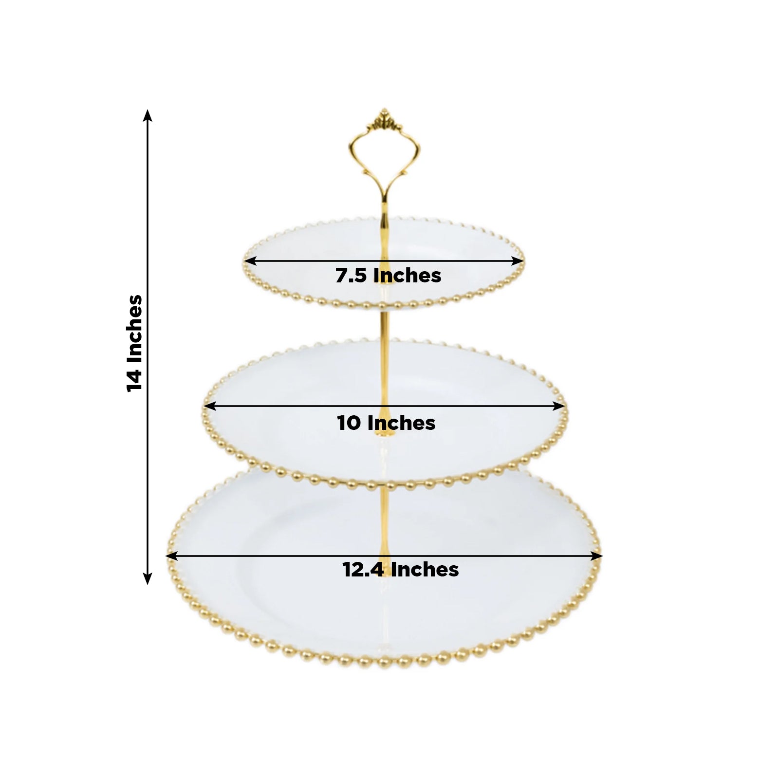 14 White 3-Tier Plastic Dessert Display Stand With Gold Beaded Rim, Round Cupcake Tower Tea Party Serving Platter With Top Handle