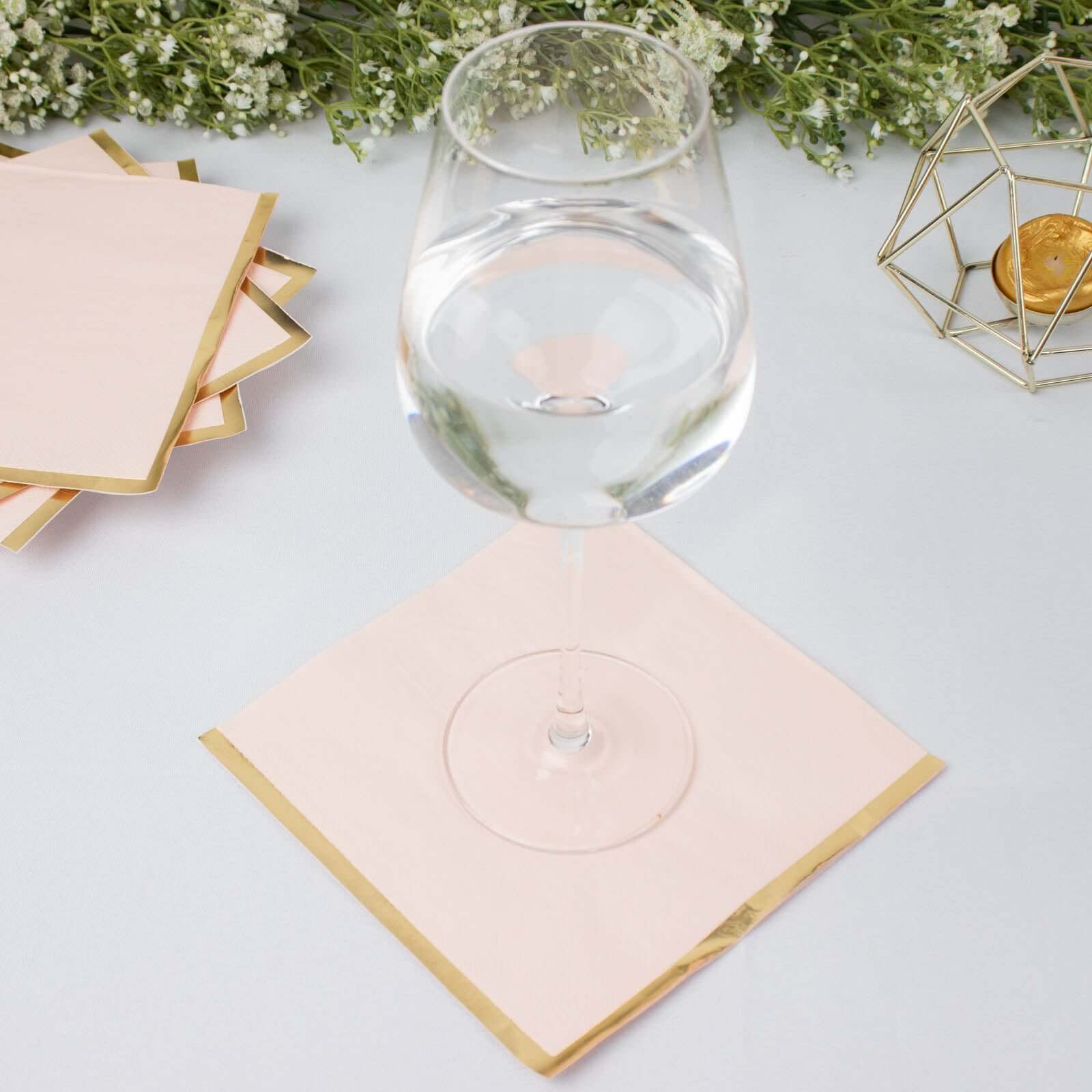 50-Pack Paper Beverage Napkins with Gold Foil Edge Blush - Disposable 2 Ply Cocktail Napkins for Events 6.5x6.5