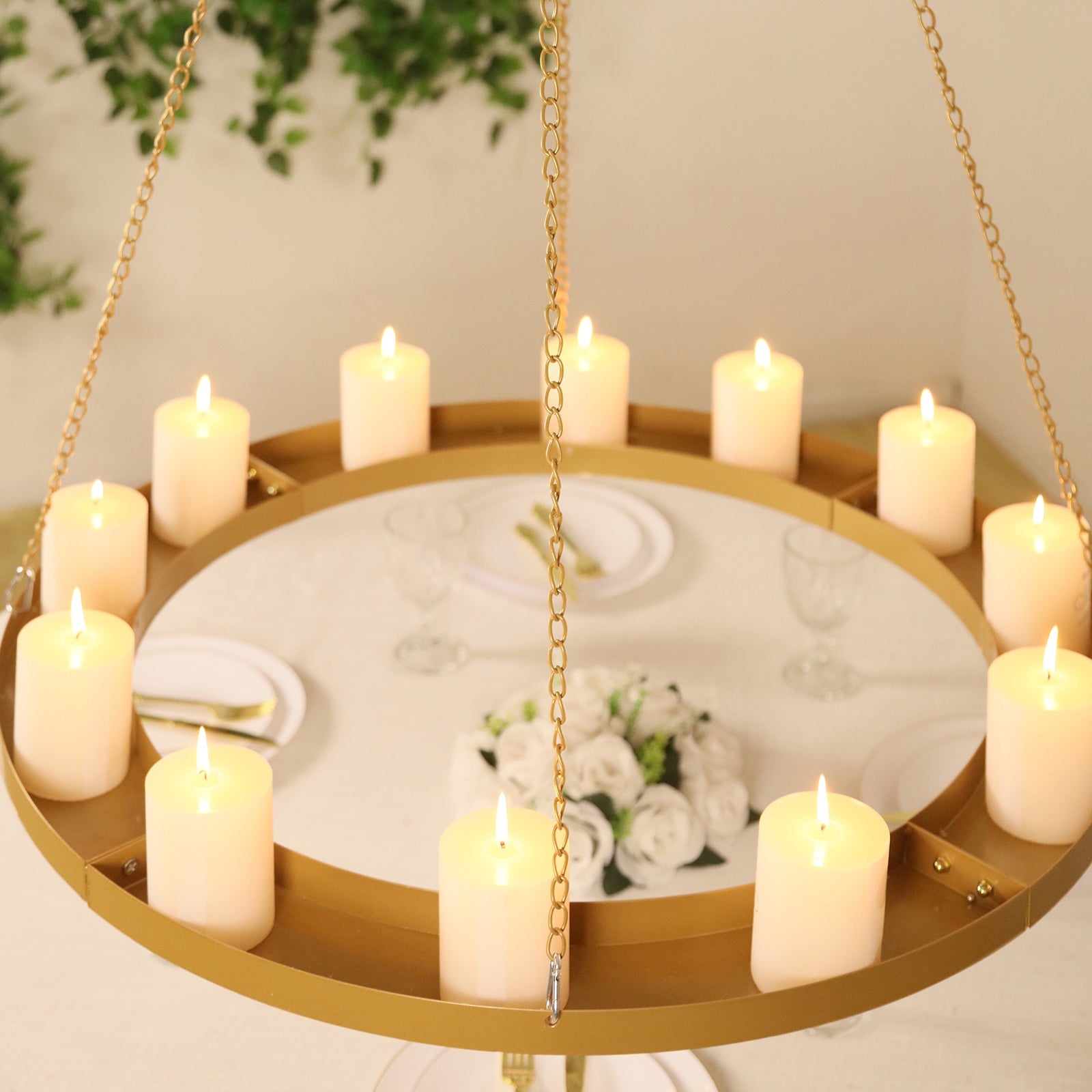 Gold Hanging Metal Floral Chandelier Frame - 32 Circular Lighting, Candle and Floral Display Base