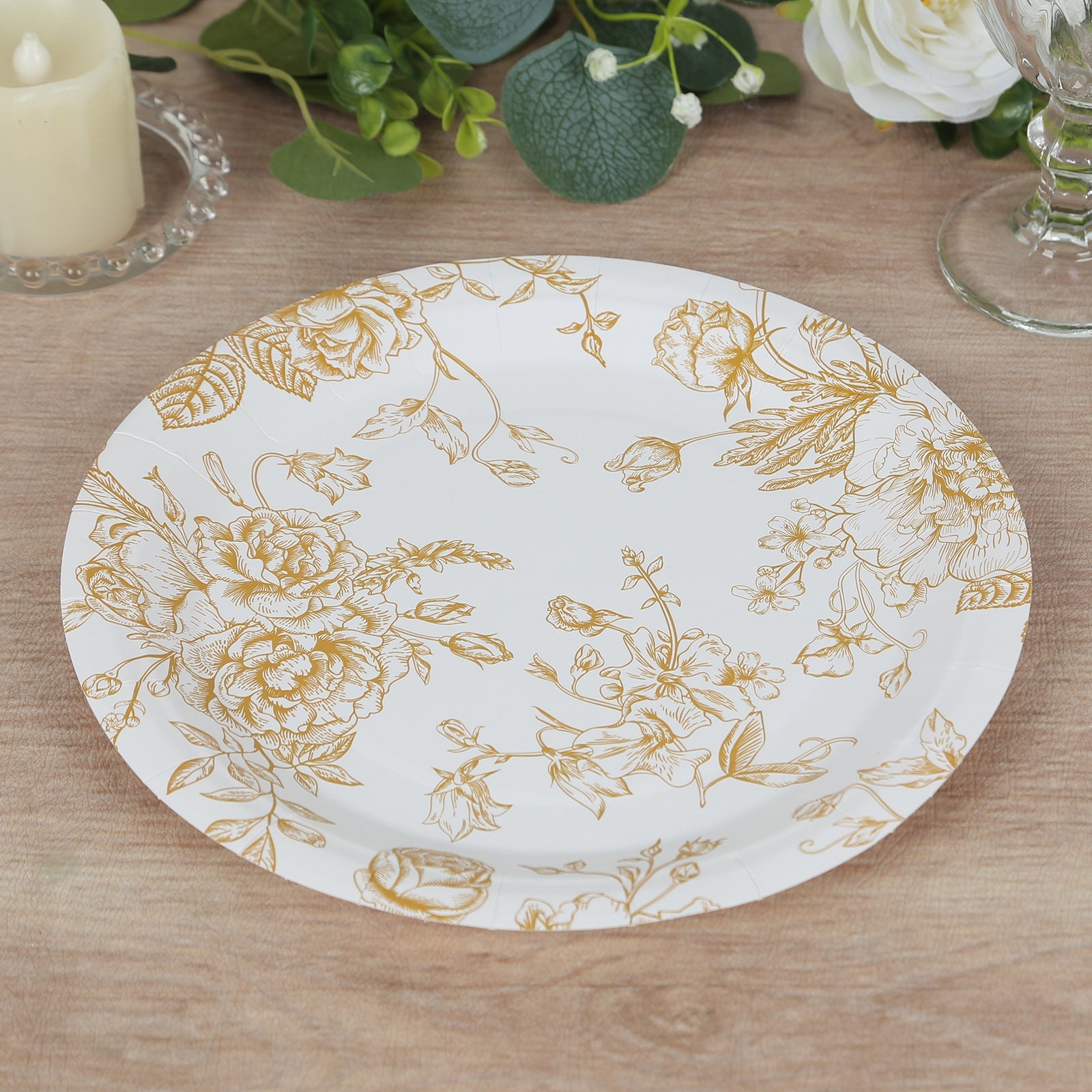 25-Pack Paper 9 Round Dinner Plates in White with Gold French Toile Pattern - Disposable Floral Party Plates for Stylish Events