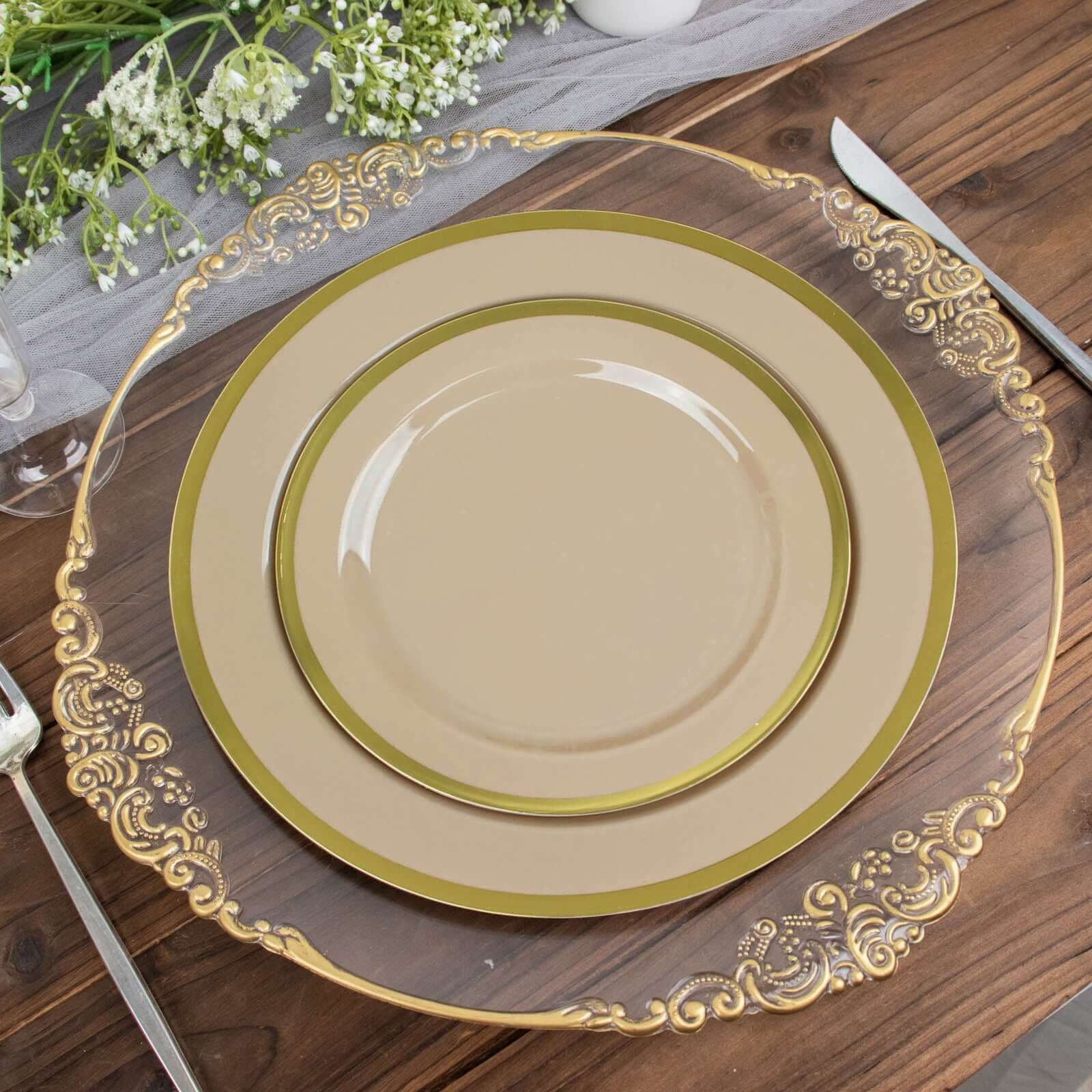 10-Pack Plastic 7 Round Appetizer Plates in Taupe with Gold Rim - Sleek Disposable Salad Plates for Banquets & Special Occasions