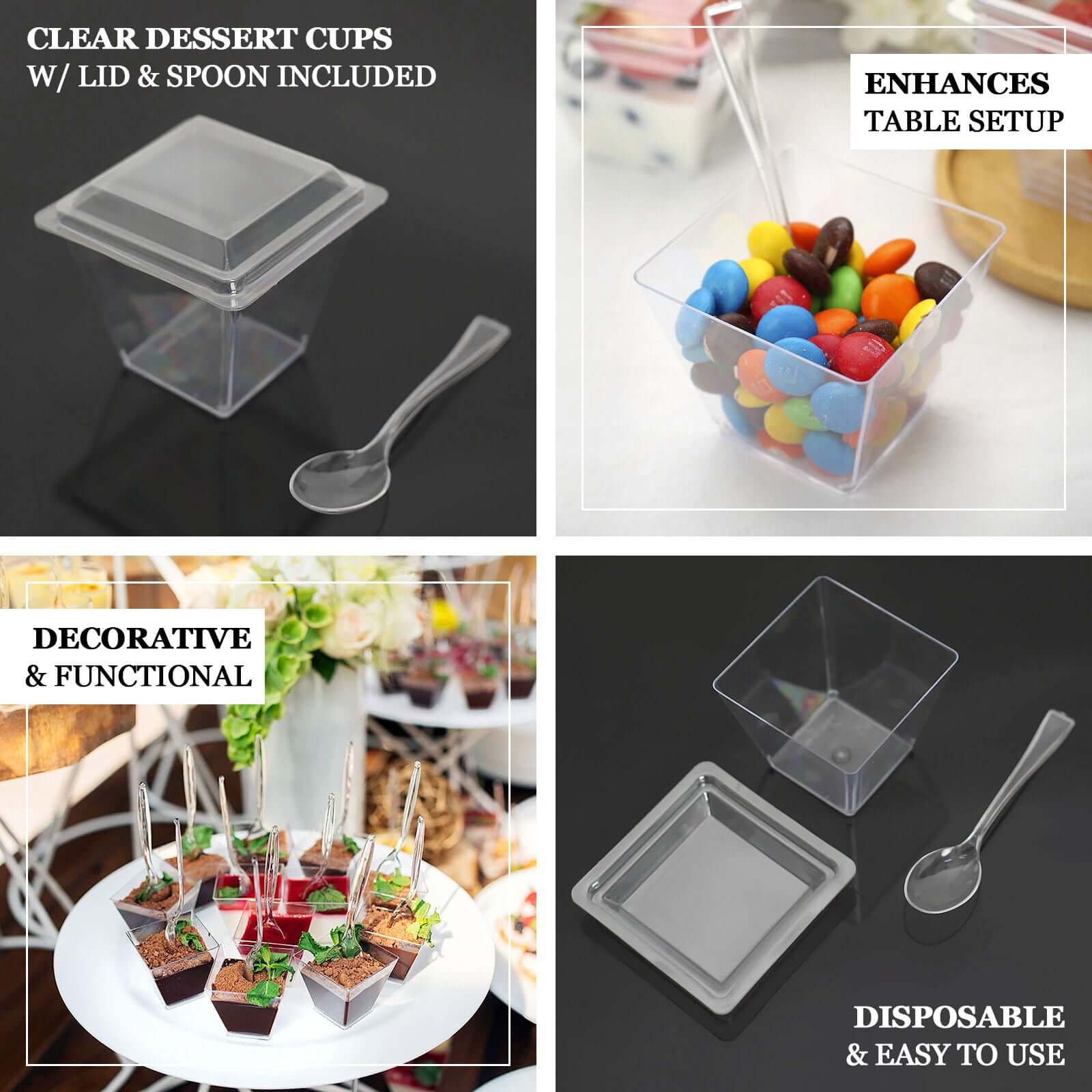 24-Pack Plastic Square Dessert Tumbler Cup Clear - Disposable Snack Serving Cups with Lid and Spoon Set for Parties, Catered Events & Buffets 4oz