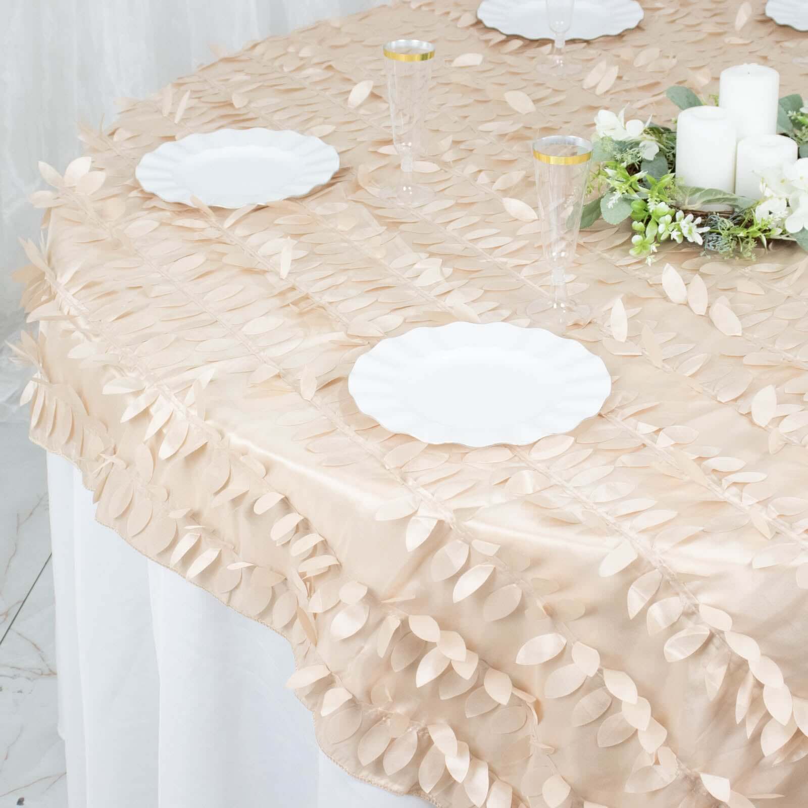 Taffeta 72x72 Table Overlay Square Tablecloth Beige - 3D Leaf Petal Table Cover