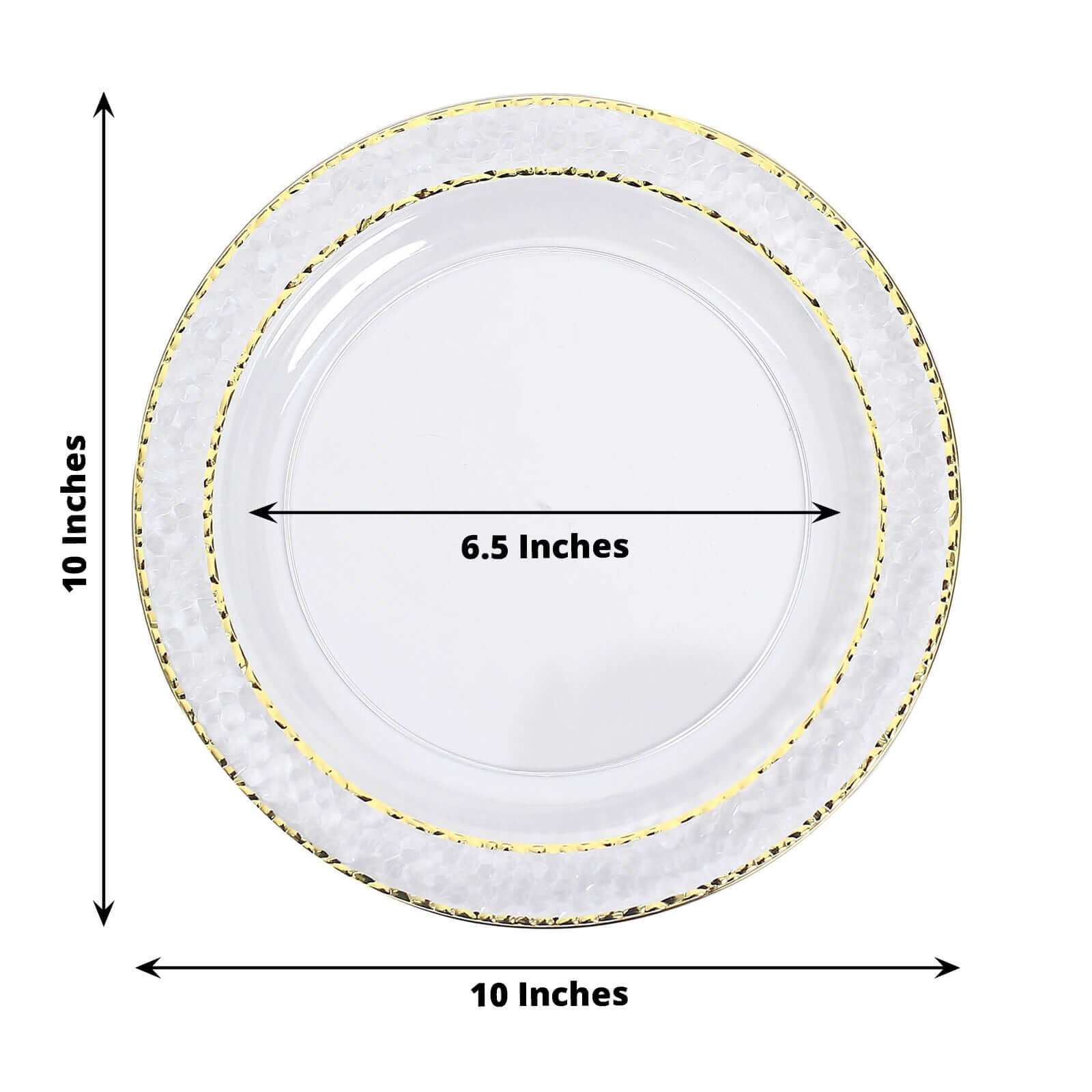 10-Pack Plastic 10 Round Dinner Plates in Clear Hammered Design with Gold Rim - Disposable Party Plates for Chic Banquets & Special Occasions