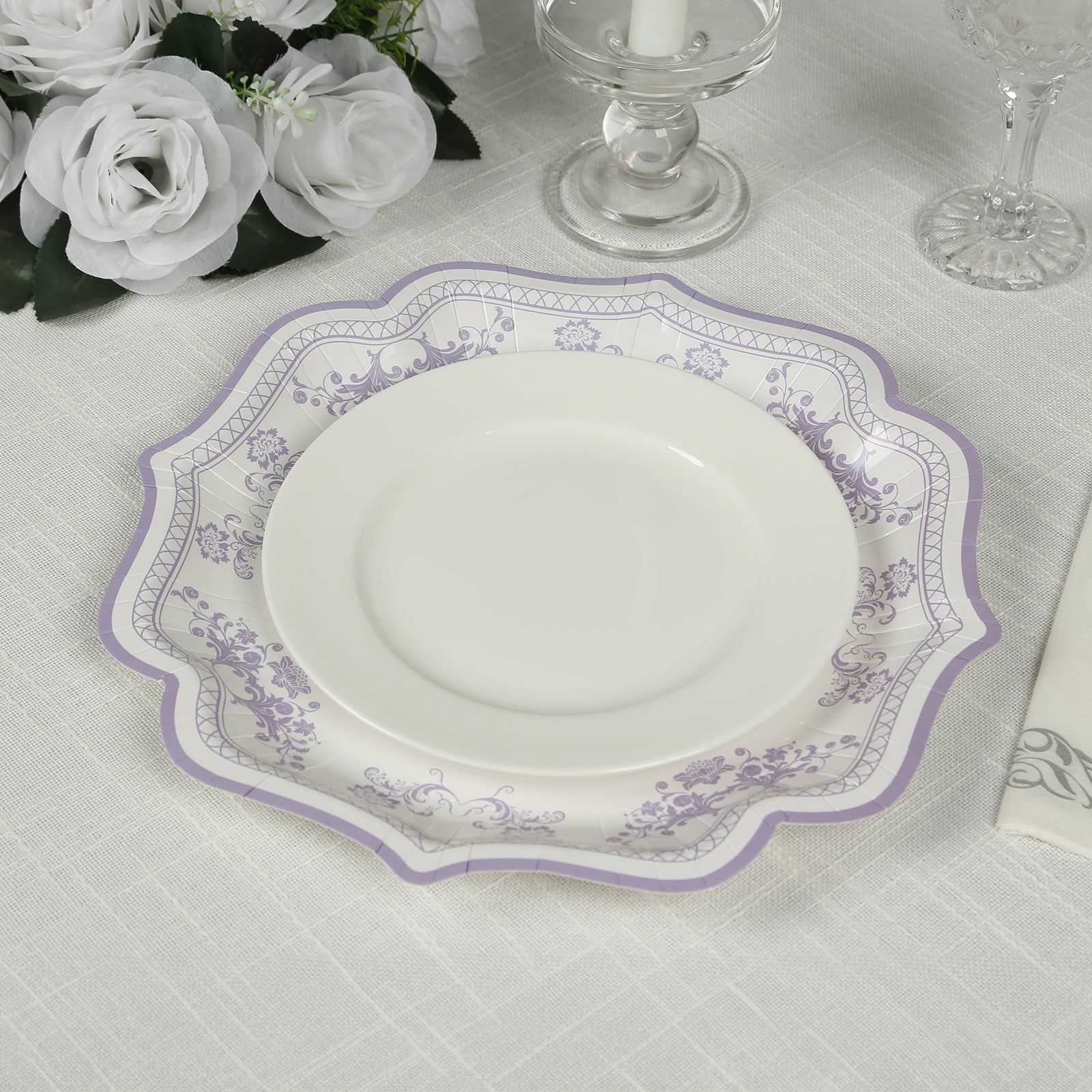 25-Pack Paper Dessert Plates in White with Lavender Lilac French Toile Print & Scallop Rim - Stylish Disposable 300GSM Floral Salad Appetizer Plates 8