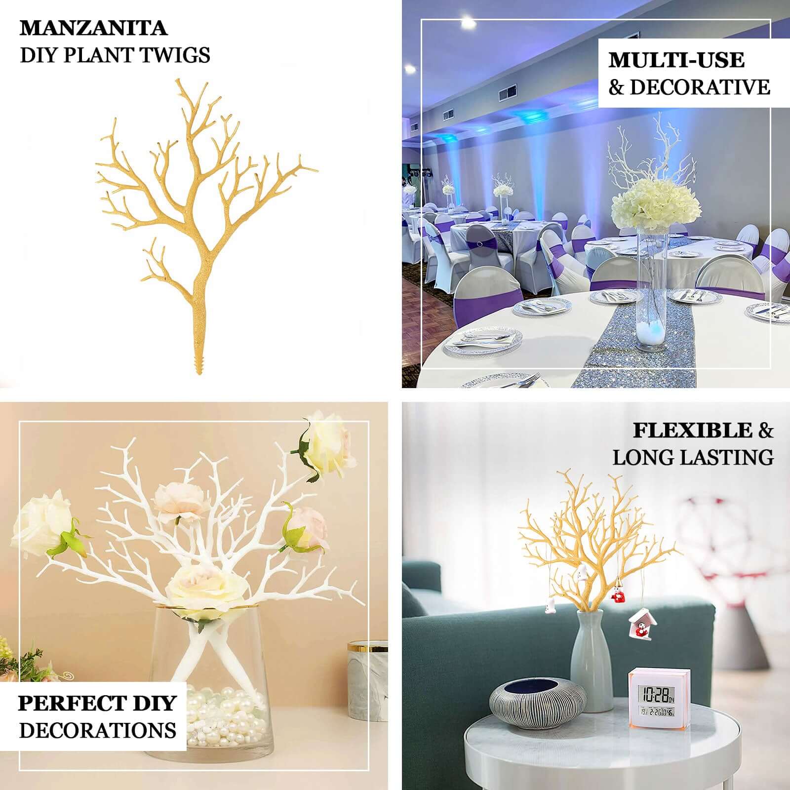 10-Pack Artificial Manzanita Tree Branch White - Flexible Faux Branches Dry Craft Plant Twigs Decor for Vase Filler Home Wedding Centerpiece Ornament 14