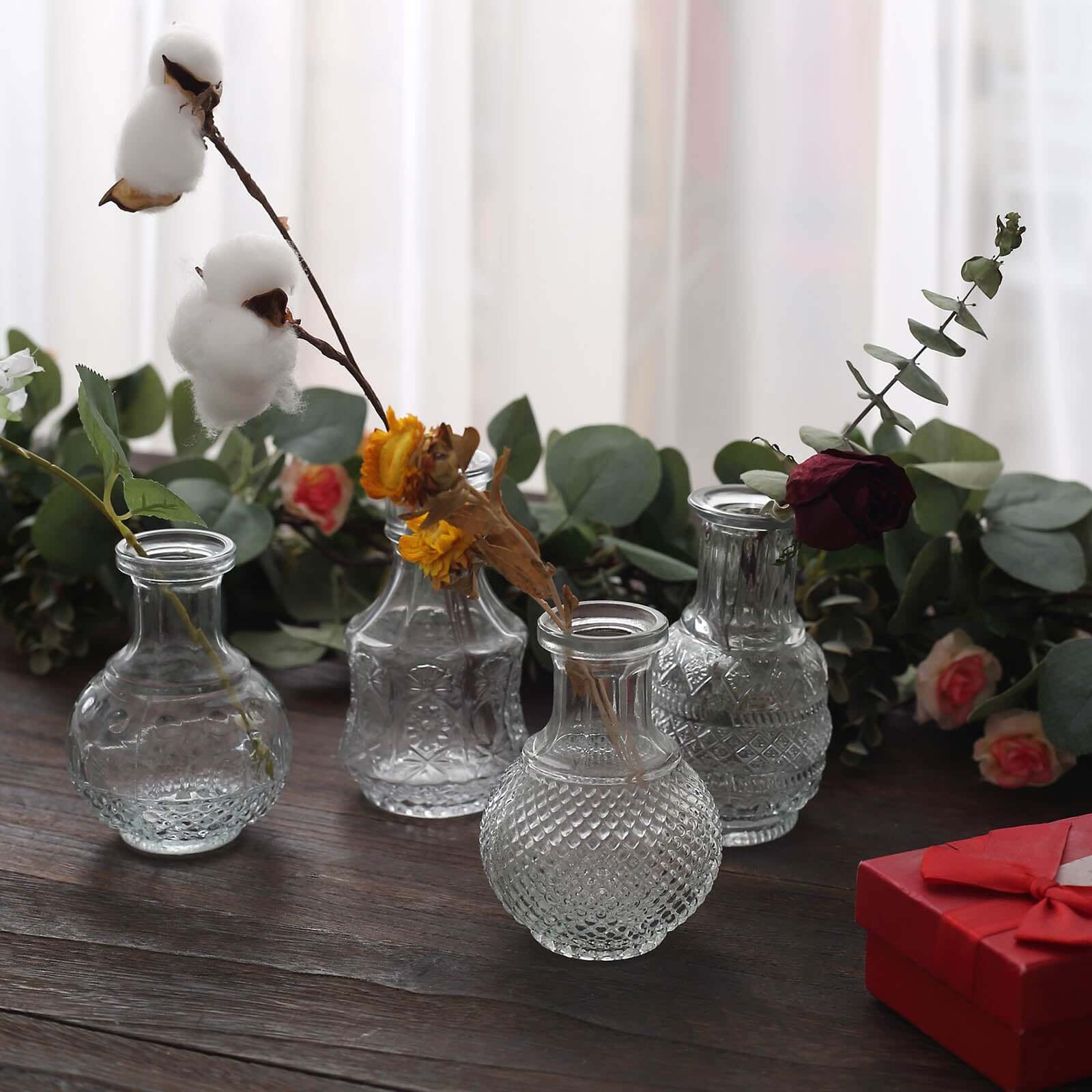 Set of 4 Clear Glass Bud Vases Antique - Vintage Wedding Table Centerpieces for Flowers