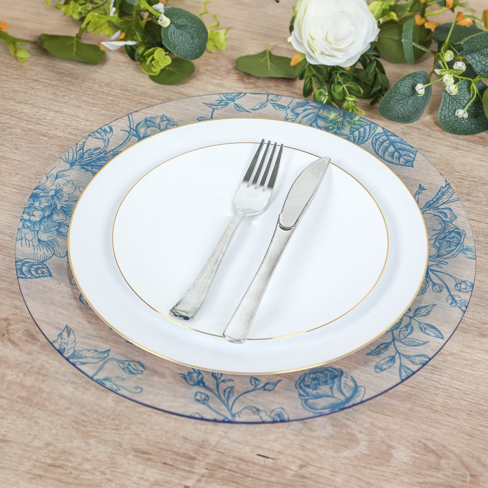 6 Pack Round Floral Acrylic Charger Plates in French Toile Pattern, 13 Clear Light Blue Dinner Charger Event Tabletop Decor