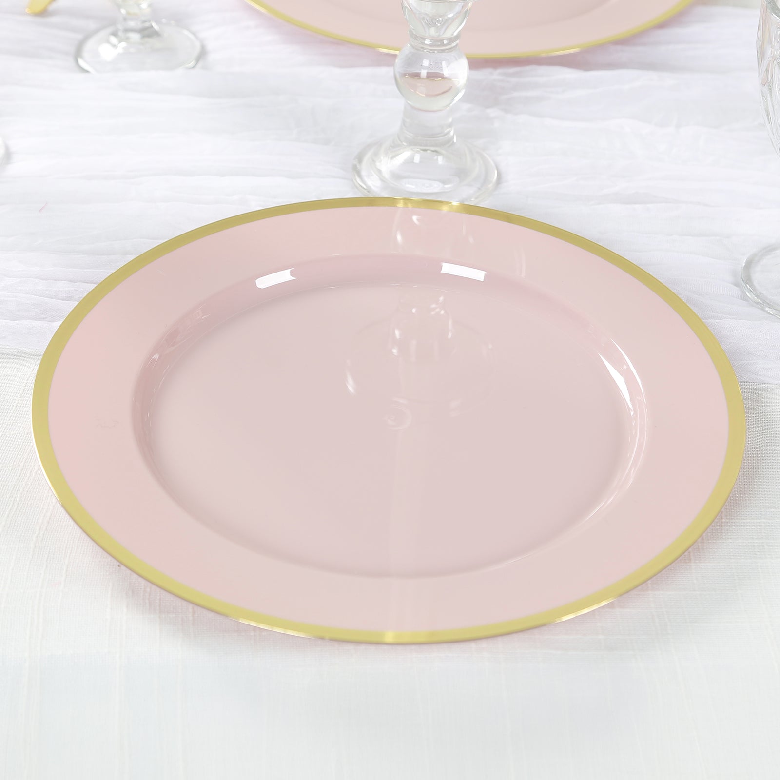 10-Pack Economy Plastic Round Charger Plates 12 in Blush with Wide Gold Rim, Decorative Dinner Party Serving Plates