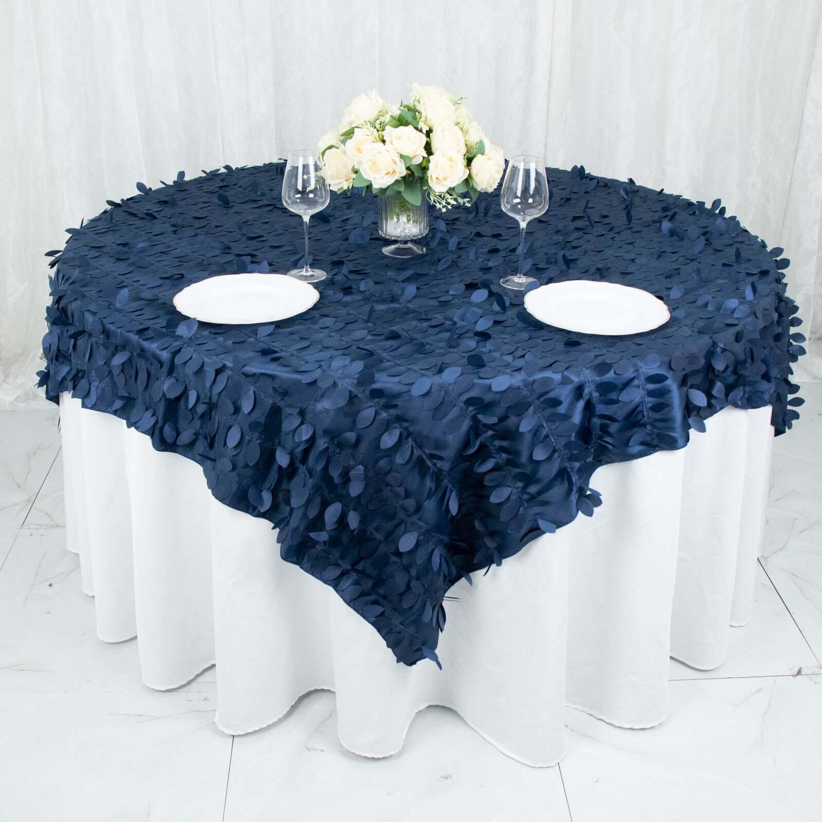 Taffeta 72x72 Table Overlay Square Tablecloth Navy Blue - 3D Leaf Petal Table Cover