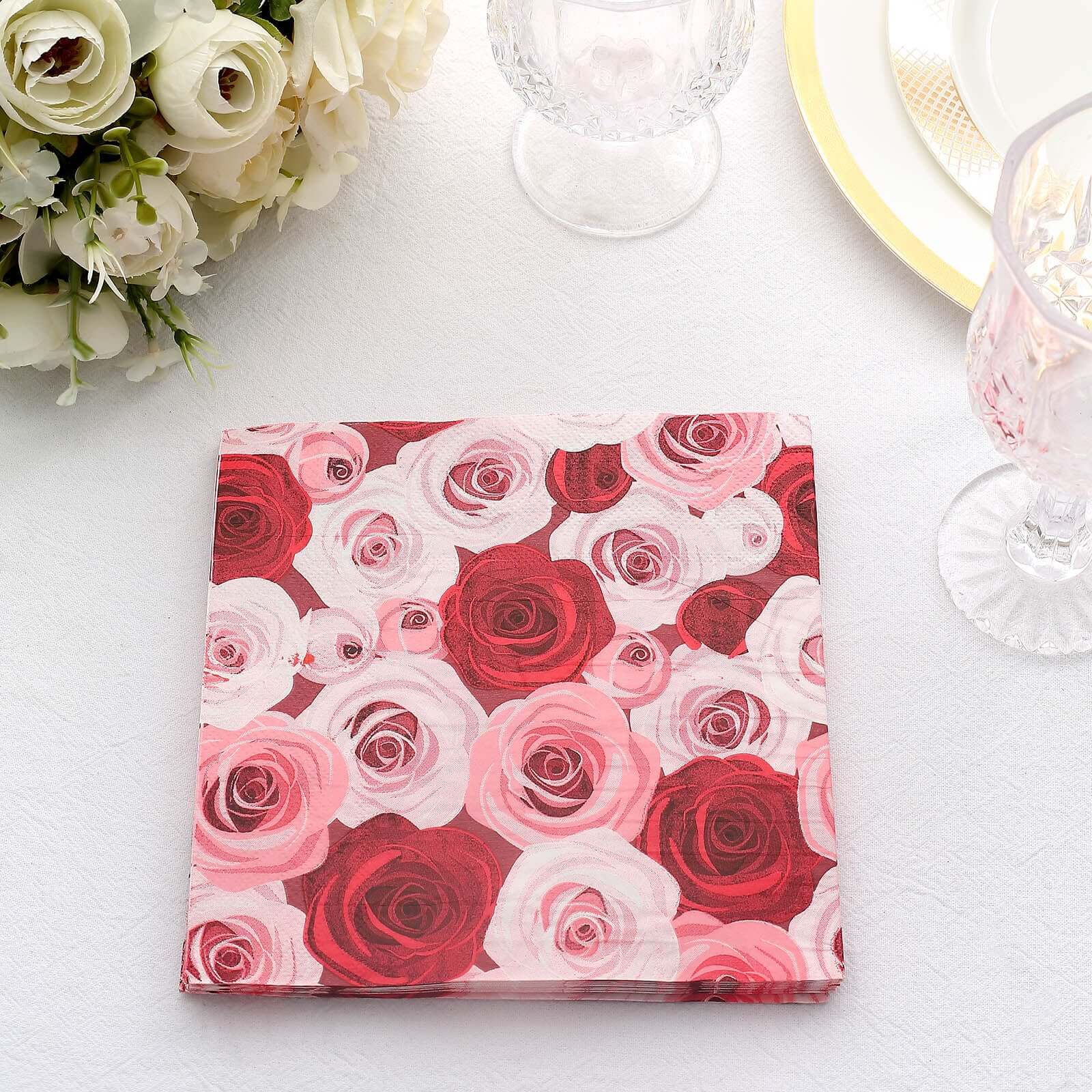 50-Pack Paper Beverage Napkins with Floral Design Red/Pink - 2 Ply Soft 18GSM Rose Garden Wedding Napkins 6.5x6.5