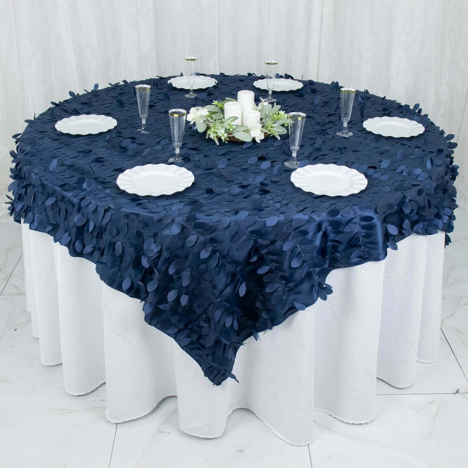 Taffeta 72x72 Table Overlay Square Tablecloth Navy Blue - 3D Leaf Petal Table Cover