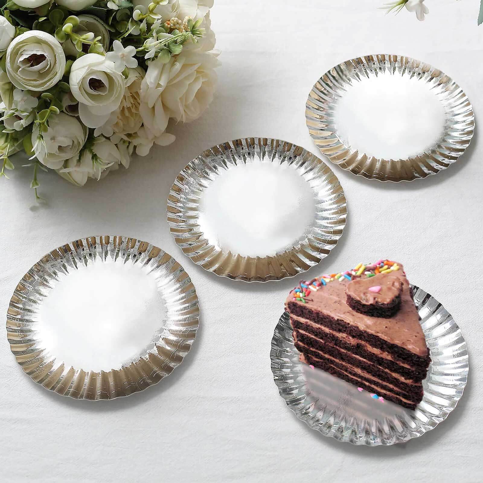 50-Pack Paper 5 Round Dessert Plates in Metallic Silver with Scalloped Rim - Disposable 250GSM Appetizer Party Plates