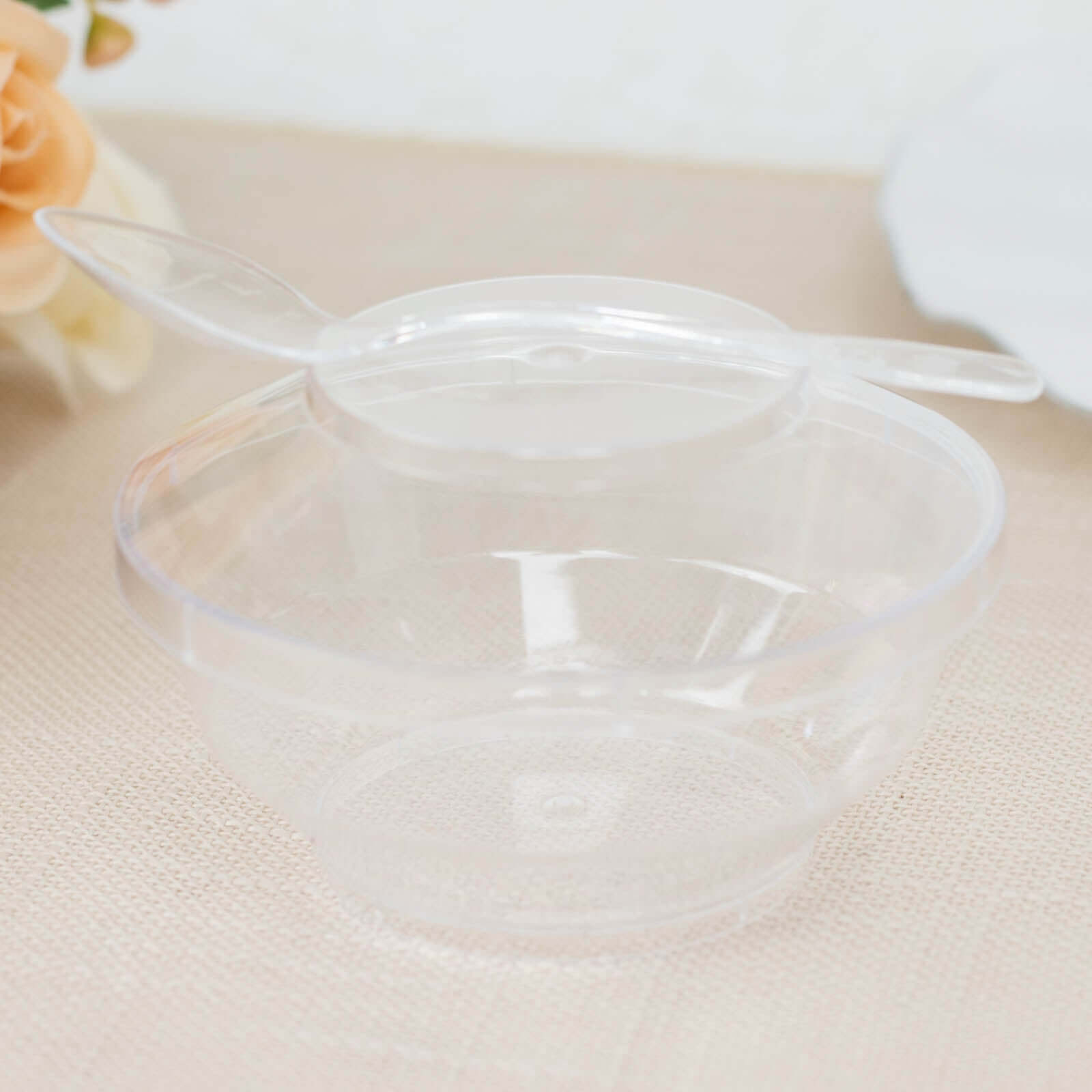 24-Pack Plastic Mini Party Bowl Set Clear with Lid and Spoon - Ideal for Desserts 3.5oz