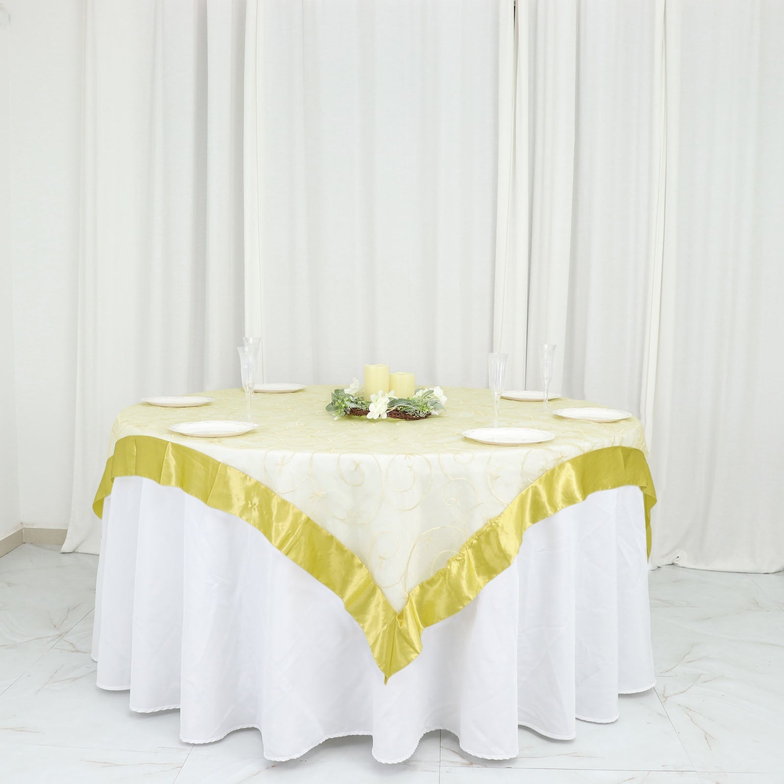 60x60 Yellow Embroidered Sheer Organza Square Table Overlay With Satin Edge