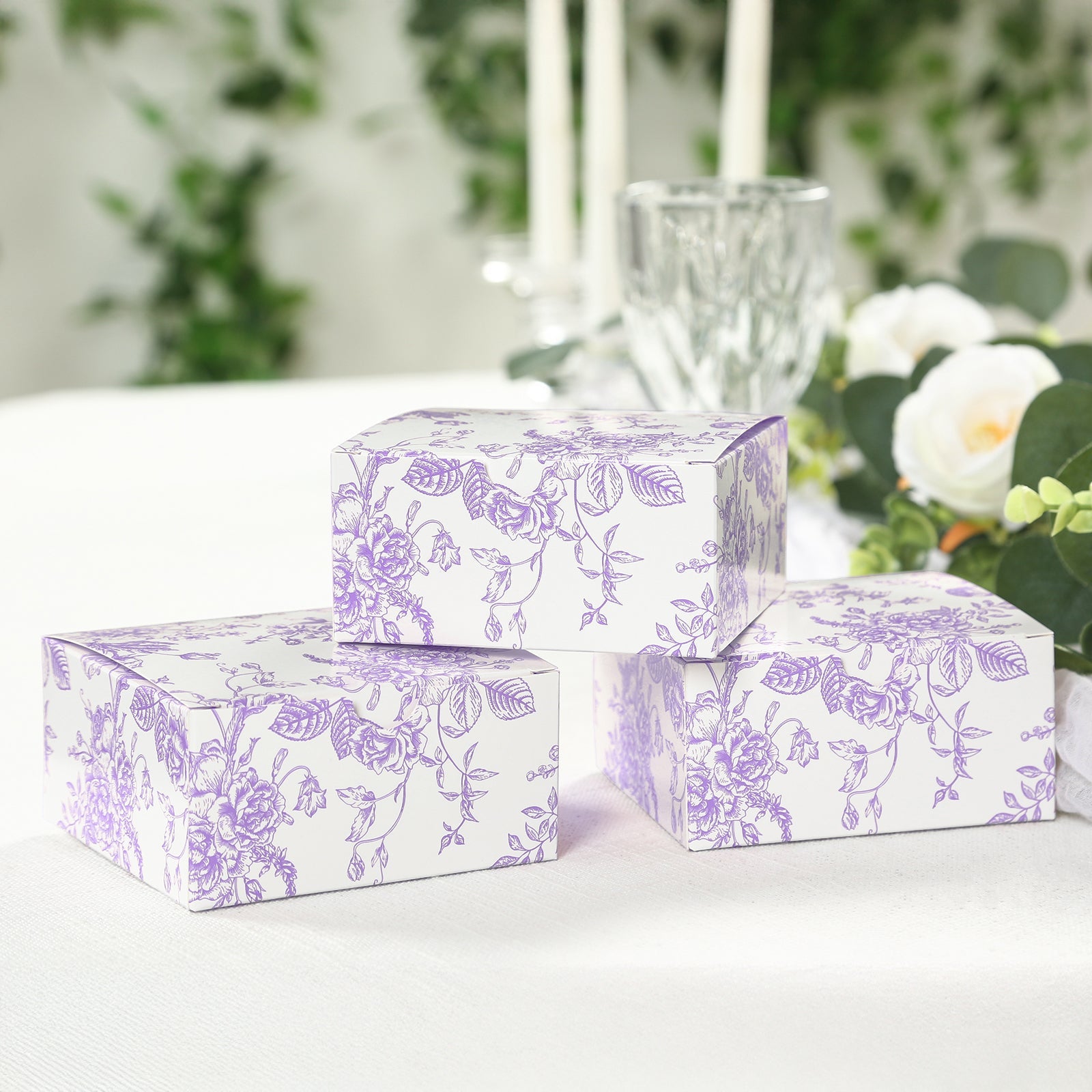 25 Pack Party Favors Boxes in French Toile Pattern, Matte Lavender and White Candy Gift Boxes - Cardstock Paper - 4x4x2