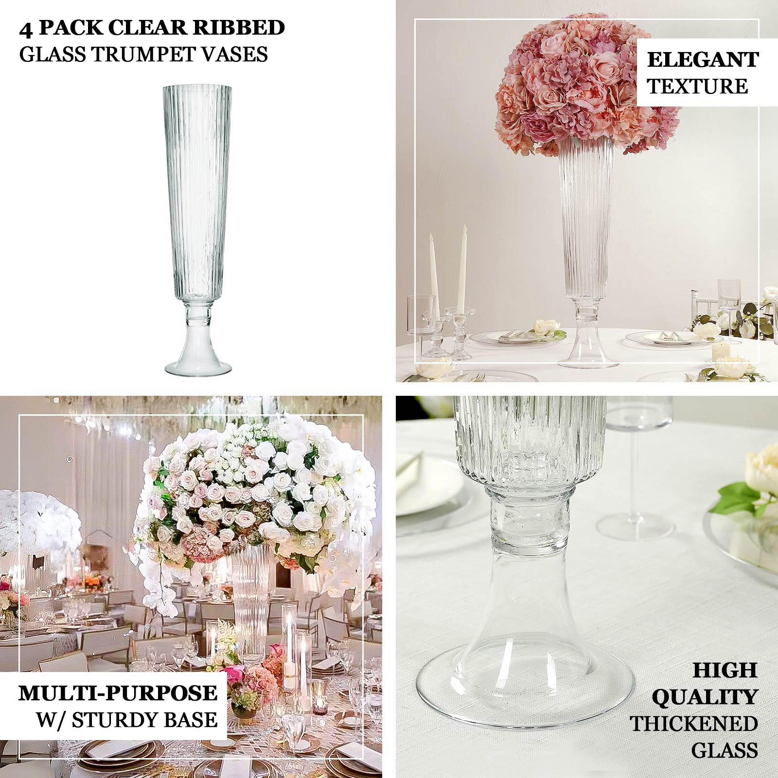 4-Pack Glass Trumpet Vases Ribbed Design Clear - Durable Flower Centerpieces for Events 26