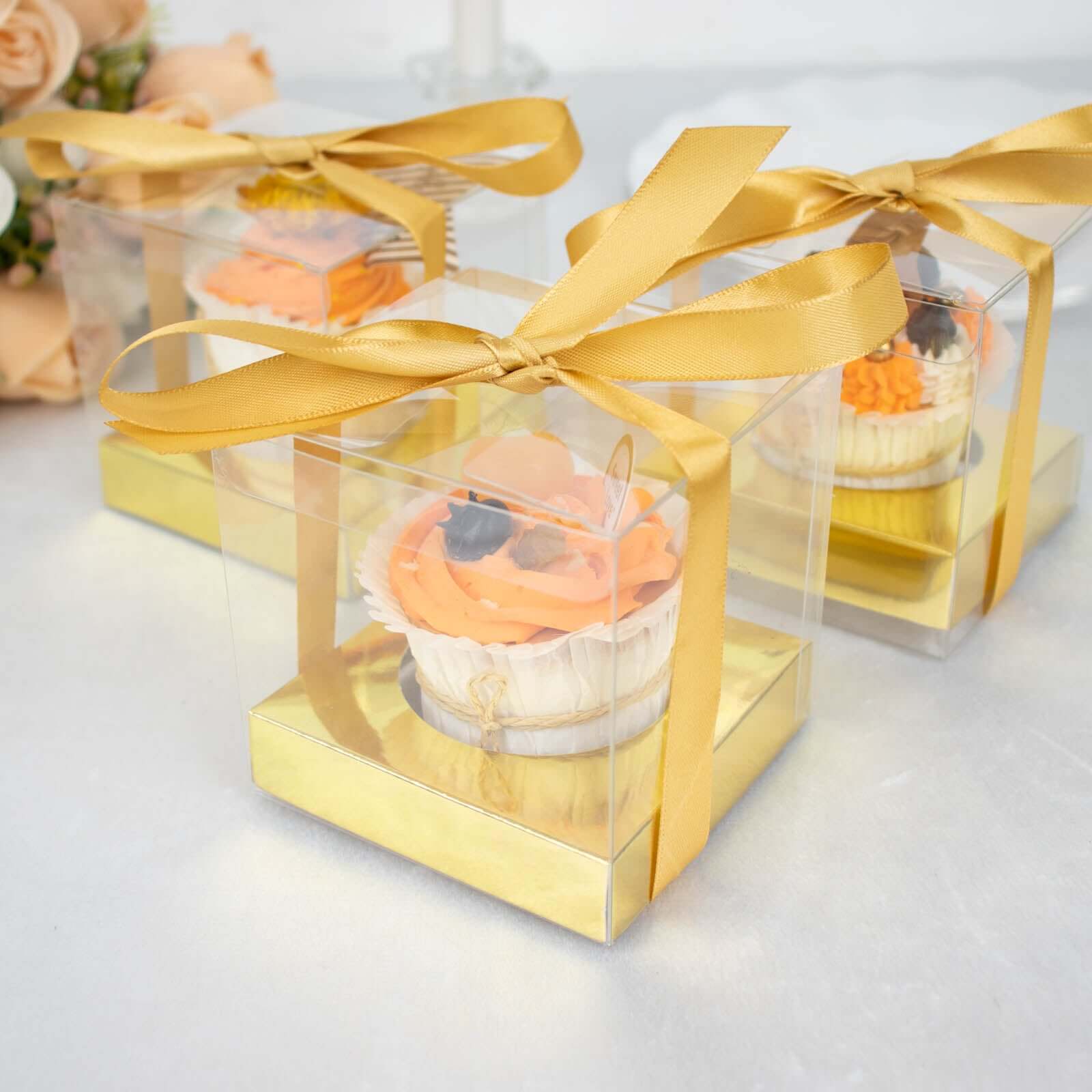 12 Pack 3.5 Clear Metallic Gold Disposable Cupcake Boxes With Ribbon Tie, Plastic Wedding Favor Boxes