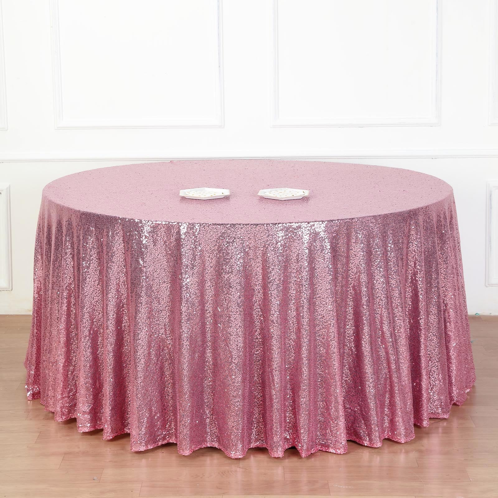 132 Pink Seamless Sequin Round Tablecloth, Sparkly Tablecloth