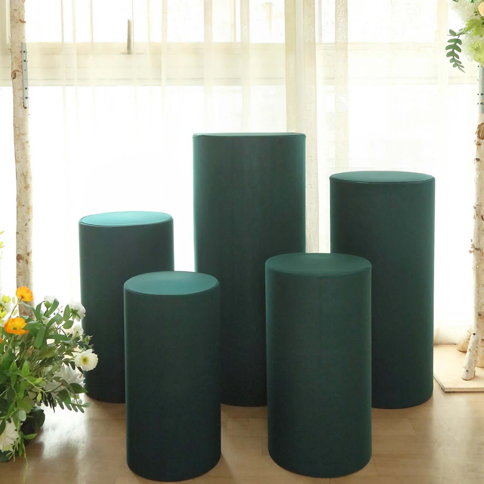 Set of 5 Hunter Emerald Green Spandex Cylinder Pedestal Stand Covers, Stretchable Pillar Prop Covers - 160 GSM