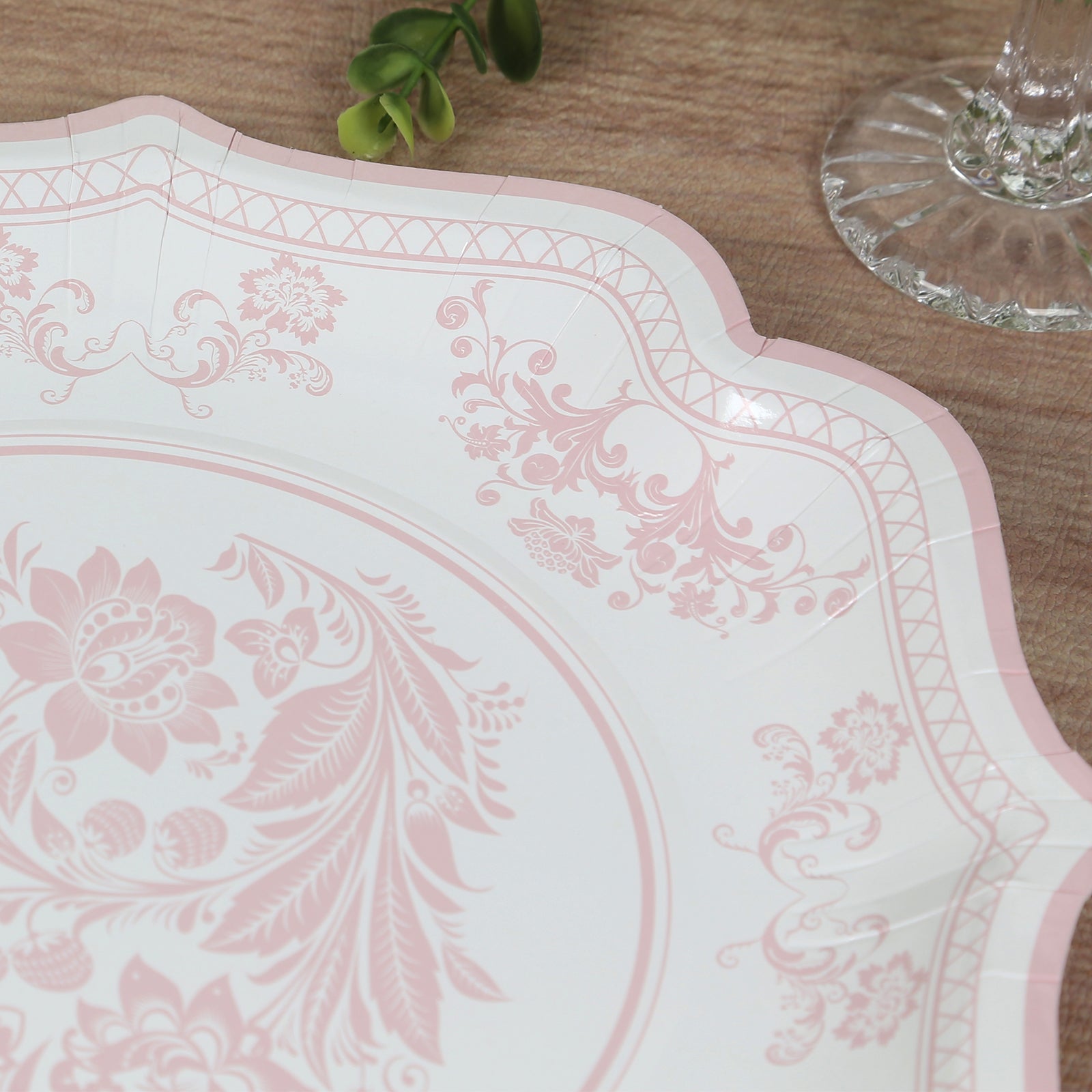 25-Pack Paper Dinner Plates in White with Pink French Toile Print & Scallop Rim - Stylish Disposable 300GSM Floral Party Plates 10