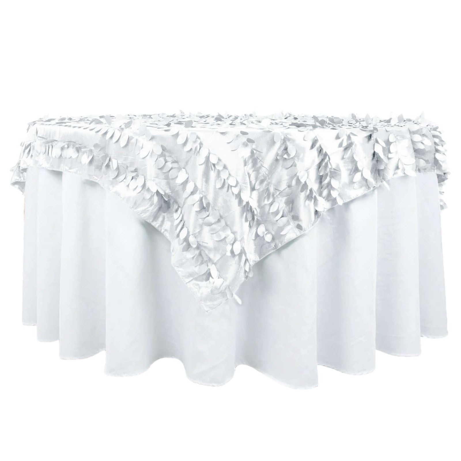 Taffeta 72x72 Table Overlay Square Tablecloth White 3D Leaf Petal Design for Stylish Celebrations