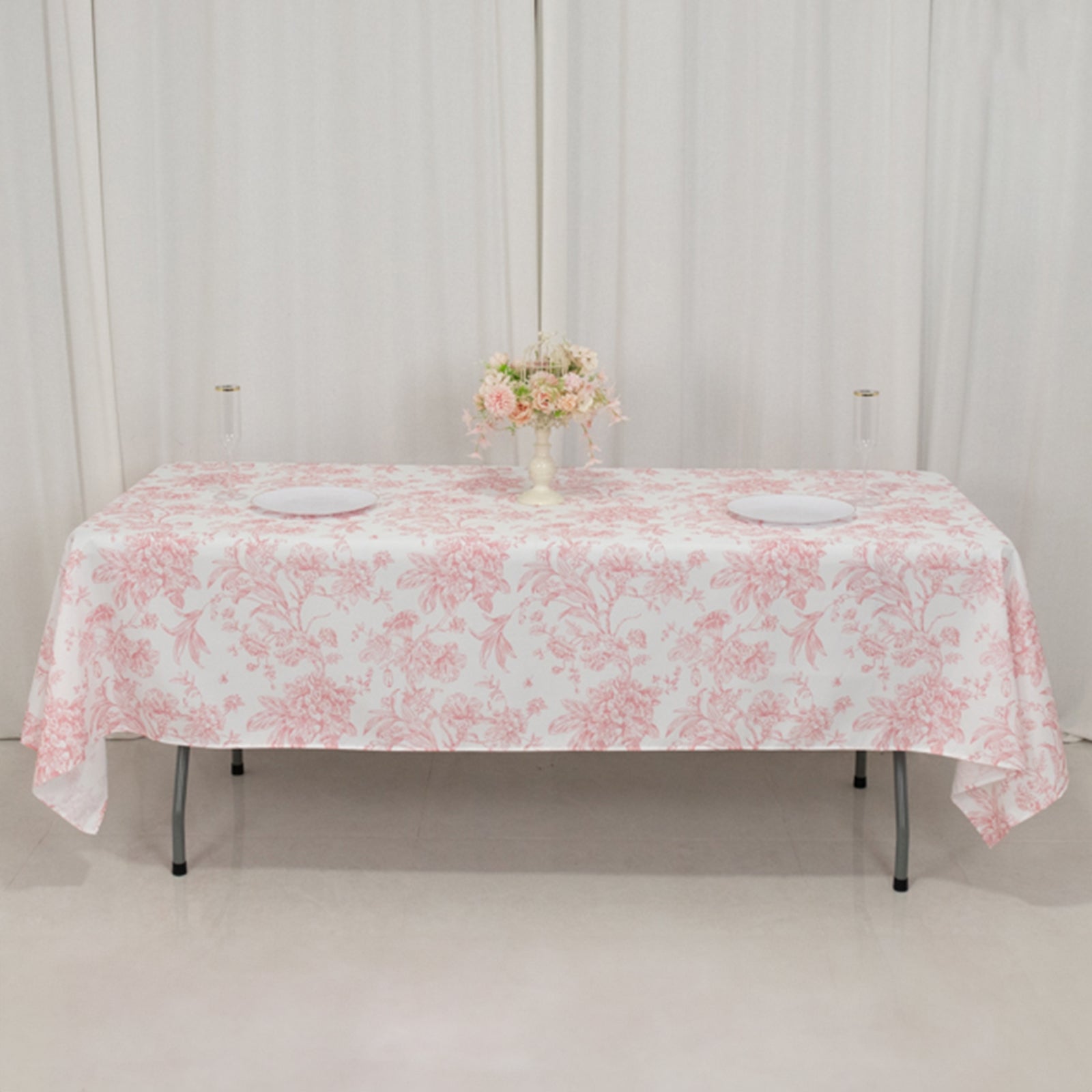 Polyester 60x102 Rectangle Tablecloth White - Pink French Toile Pattern for Modern Occasions