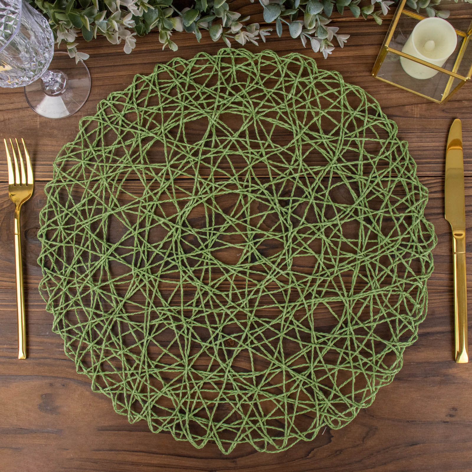 6-Pack Table Placemats Woven Fiber Design Olive Green Round - Disposable Mats for Dining and Events 15