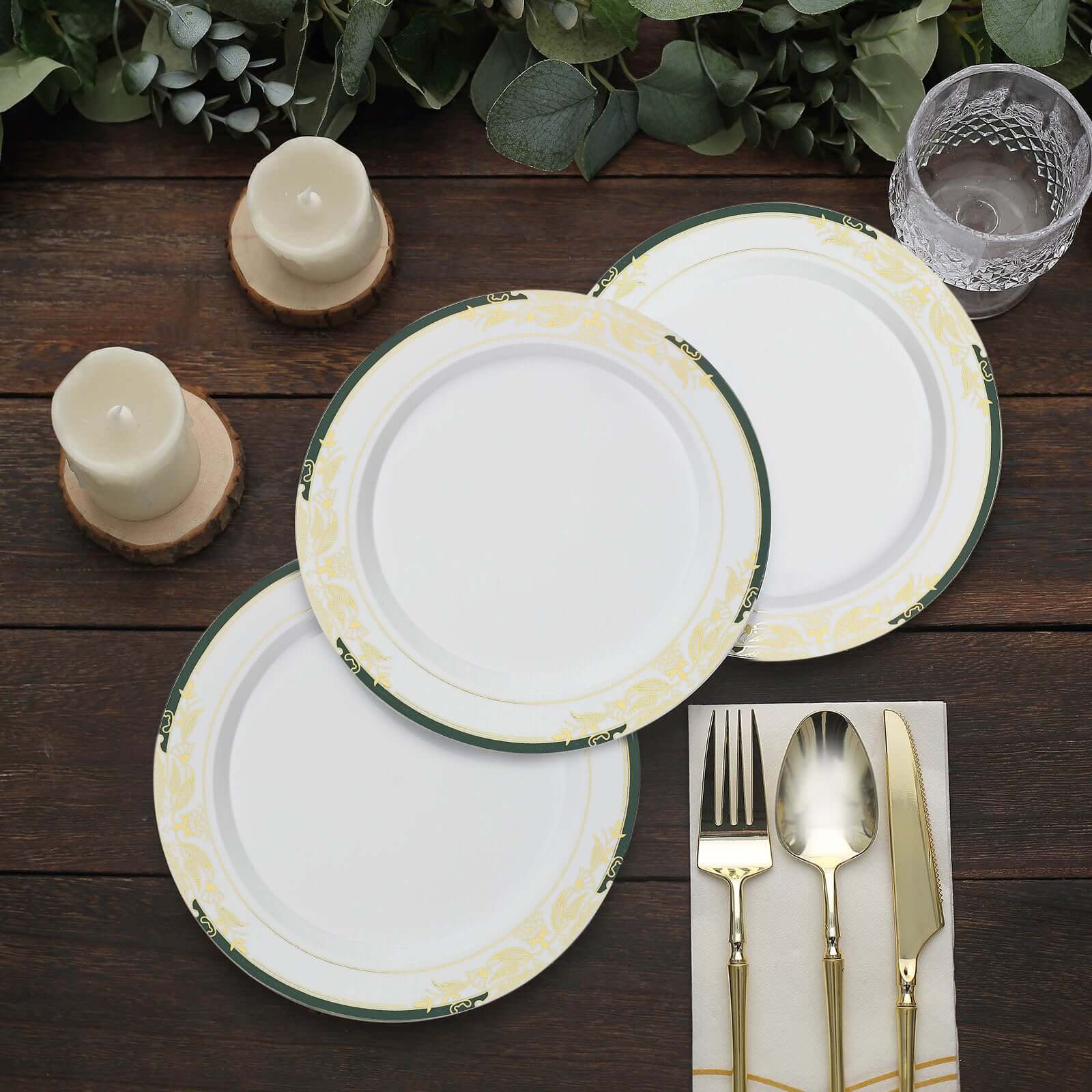 10-Pack Plastic 8 Round Dessert Plates in White with Hunter Emerald Green Rim - Stylish Gold Vine Design Disposable Salad/Appetizer Plates for Special Occasions & Celebrations