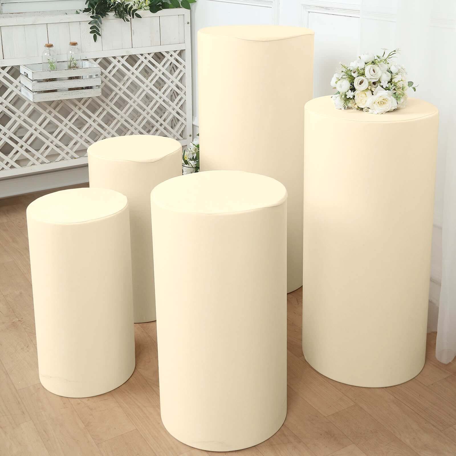 Set of 5 Beige Spandex Cylinder Pedestal Stand Covers, Stretchable Pillar Prop Covers - 160 GSM