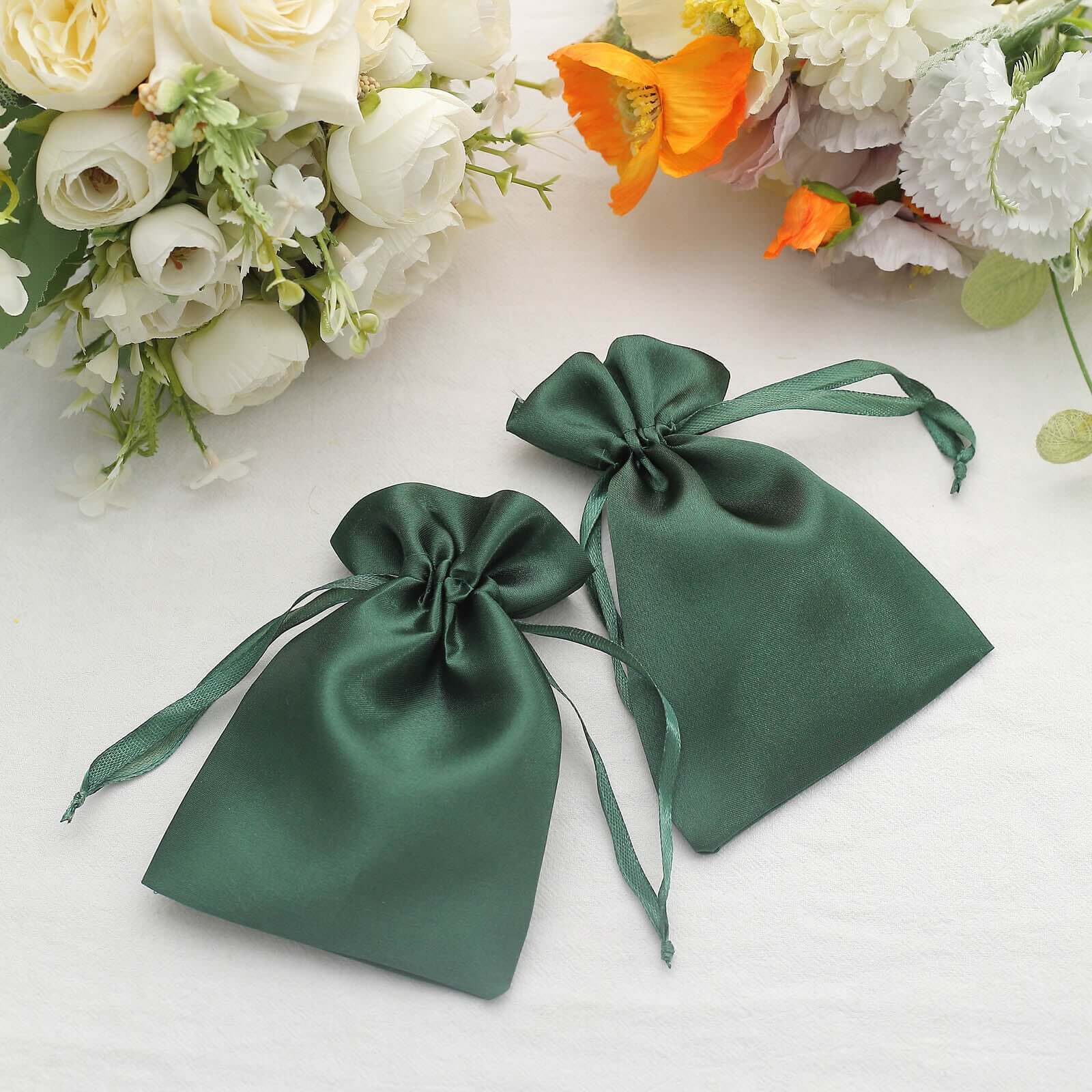 12 Pack 4x6 Hunter Emerald Green Satin Wedding Party Favor Bags, Drawstring Pouch Gift Bags