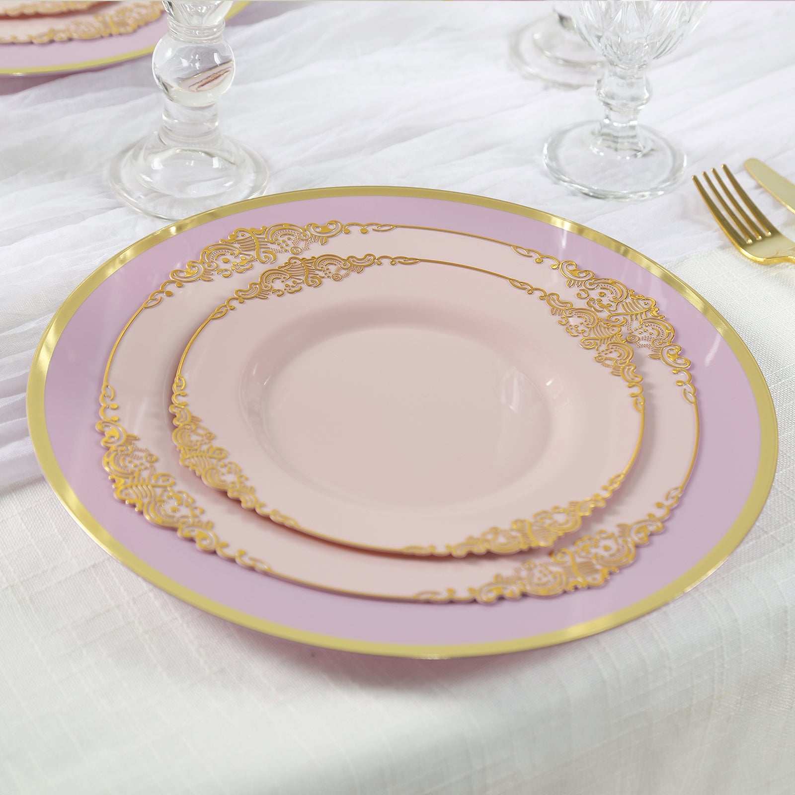 10-Pack Economy Plastic Round Charger Plates 12 in Lavender Lilac with Wide Gold Rim, Decorative Dinner Party Serving Plates